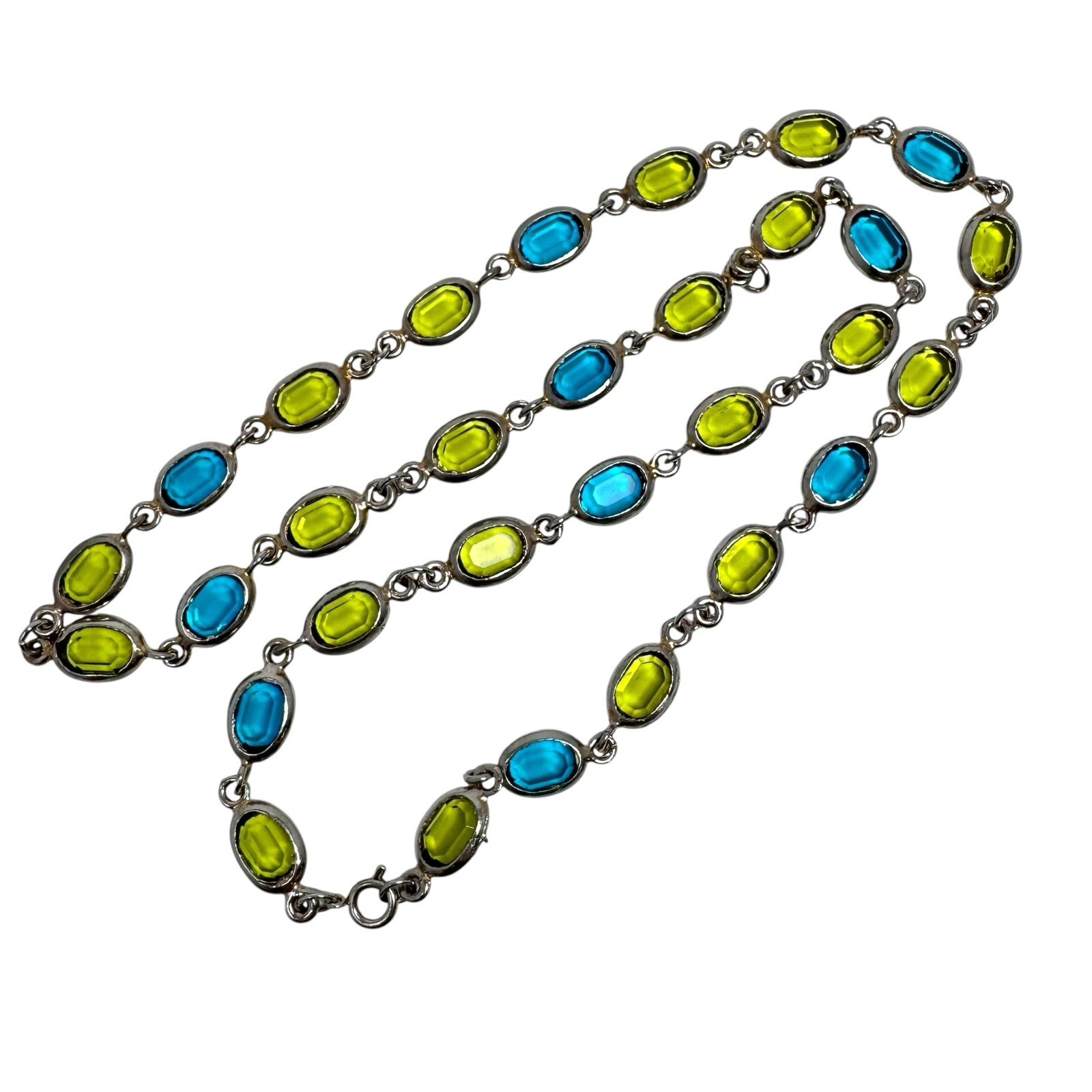 Vintage Silver Tone Necklace w/Framed Blue & Green Faceted Crystal Ovals