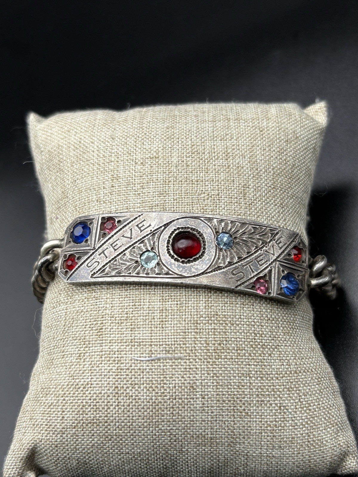 Vintage Sterling Silver ID Men Bracelet Engrave Steve Color Stone Heavy 46g 8”