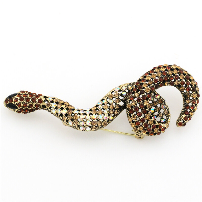 Vintage Gold Plated Brown Snake Crystal Fashion Women Charm Lady Brooch Pin Gift