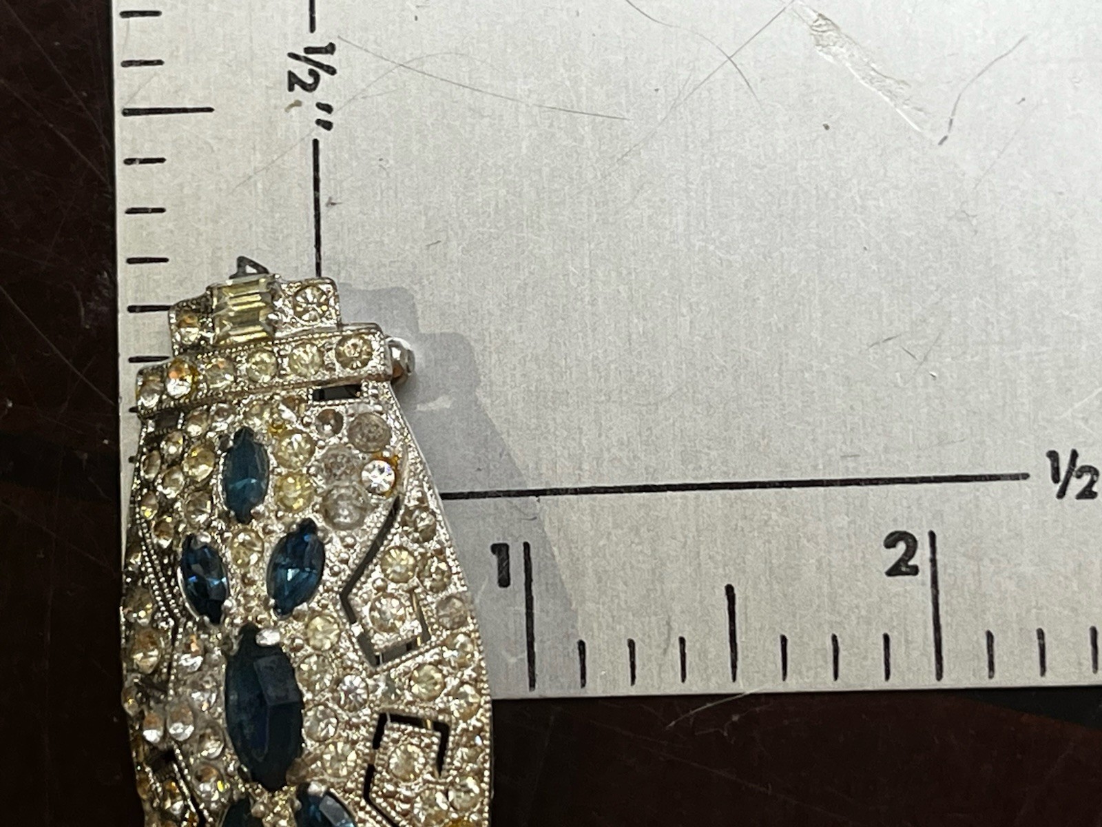 Art Deco Blue Uranium Glow Clear Paste Brooch w/ Baguette & Pavé Rhinestones 2”