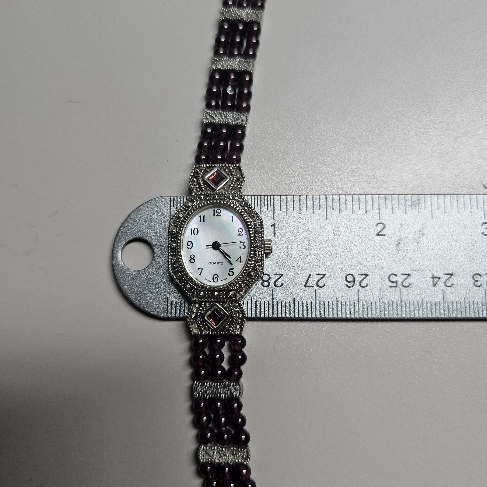 Vtg Silver Tone Marcasite W/ Garnet Beads Watch & Bracelet Set