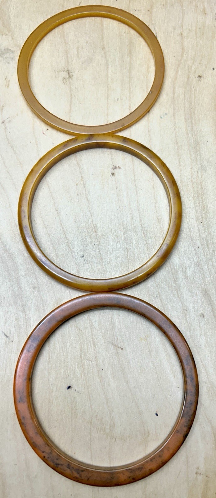 5 Vtg Tested Bakelite Thin Stackable Bangles Green, Orange Marbled Mid Century