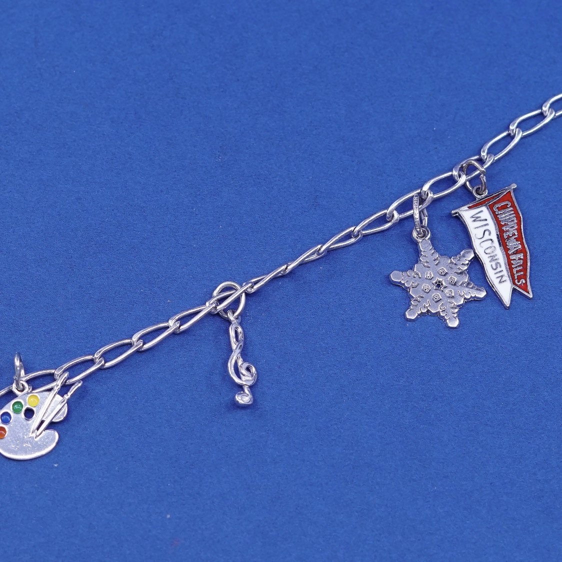 6.5″, vtg Sterling silver handmade bracelet, 925 elongated chain w/ 5 charms