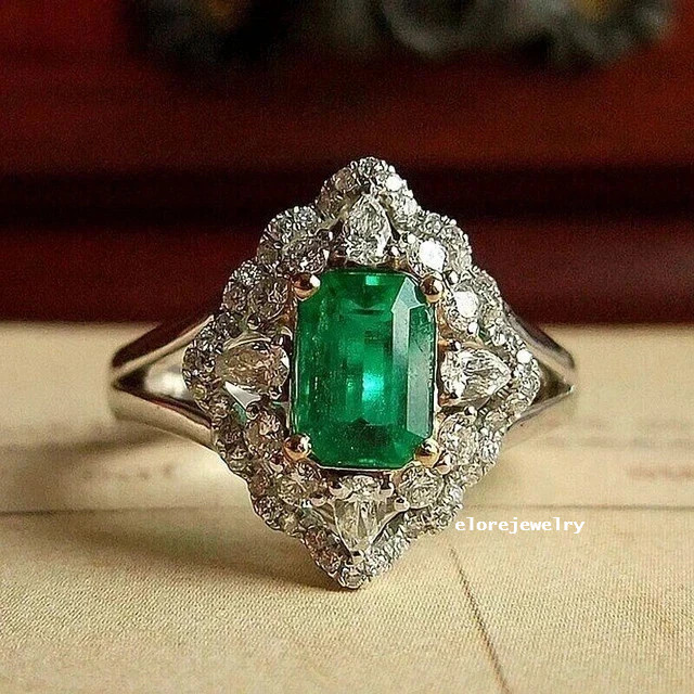 3Ct Lab Emerald Art Deco Ring 14K White Gold Plated Halo Engagement Wedding Band