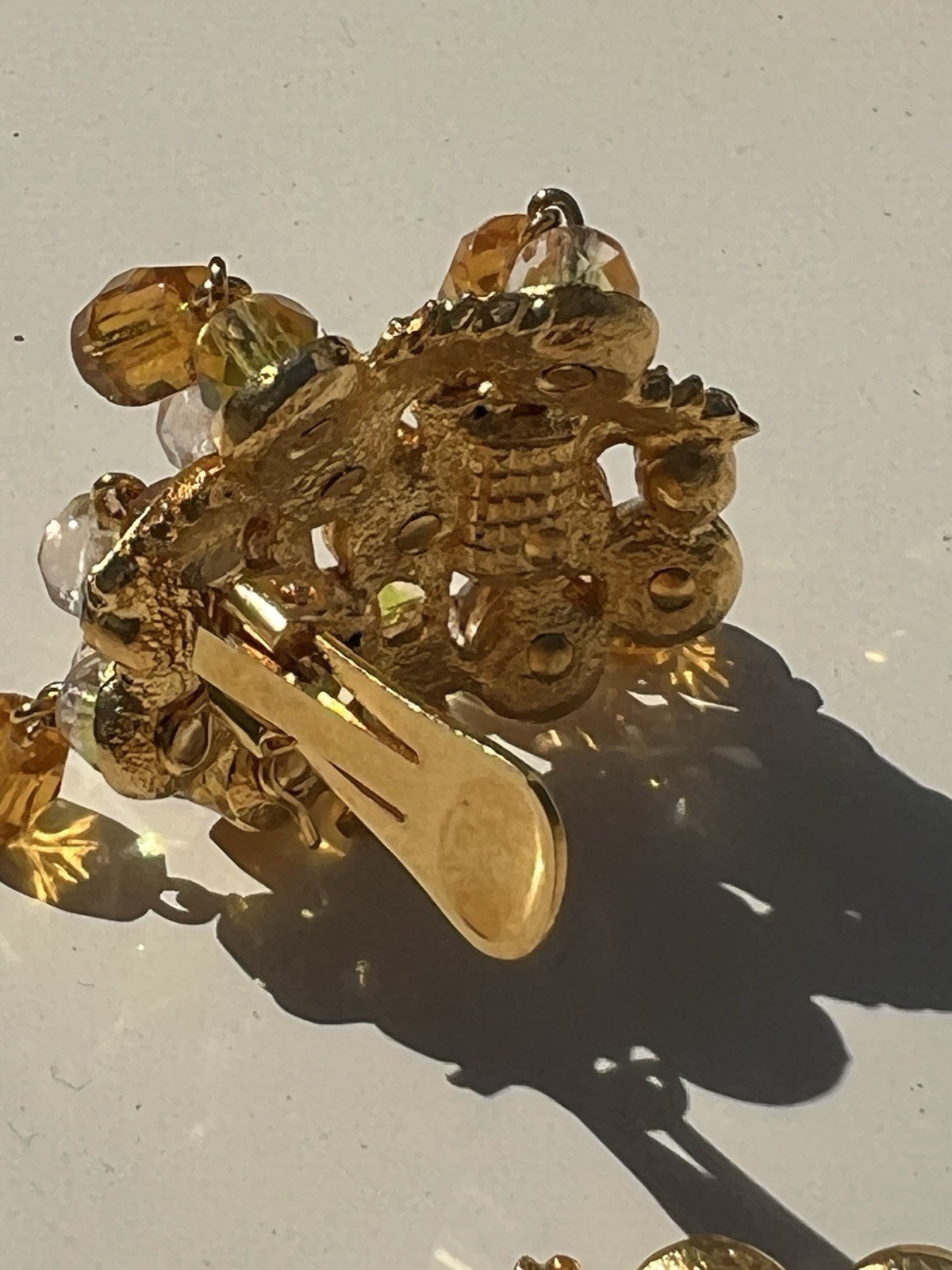Vtg Clip Cluster Czech Amber Faceted Glass Gold Tone Earrings