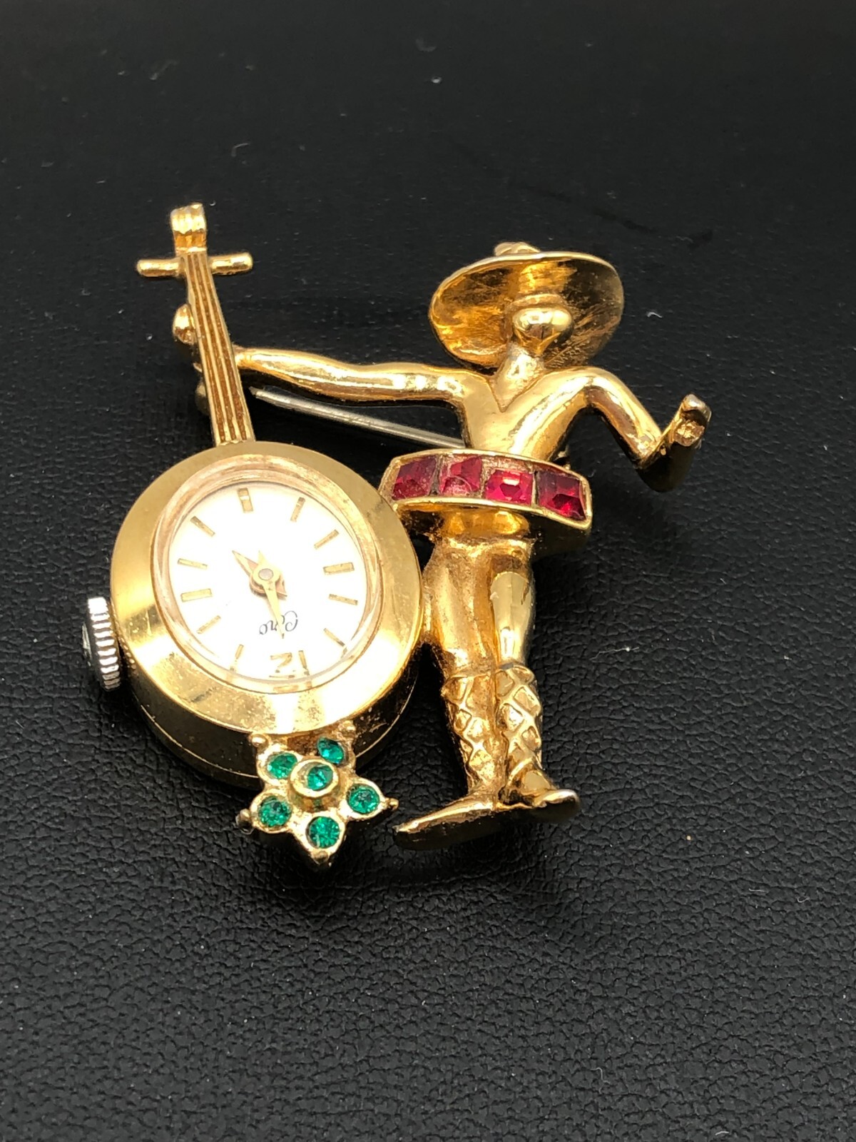 RARE Vtg Coro Mariachi Musician Mechanical Watch Brooch Pin Mid-Century Estate