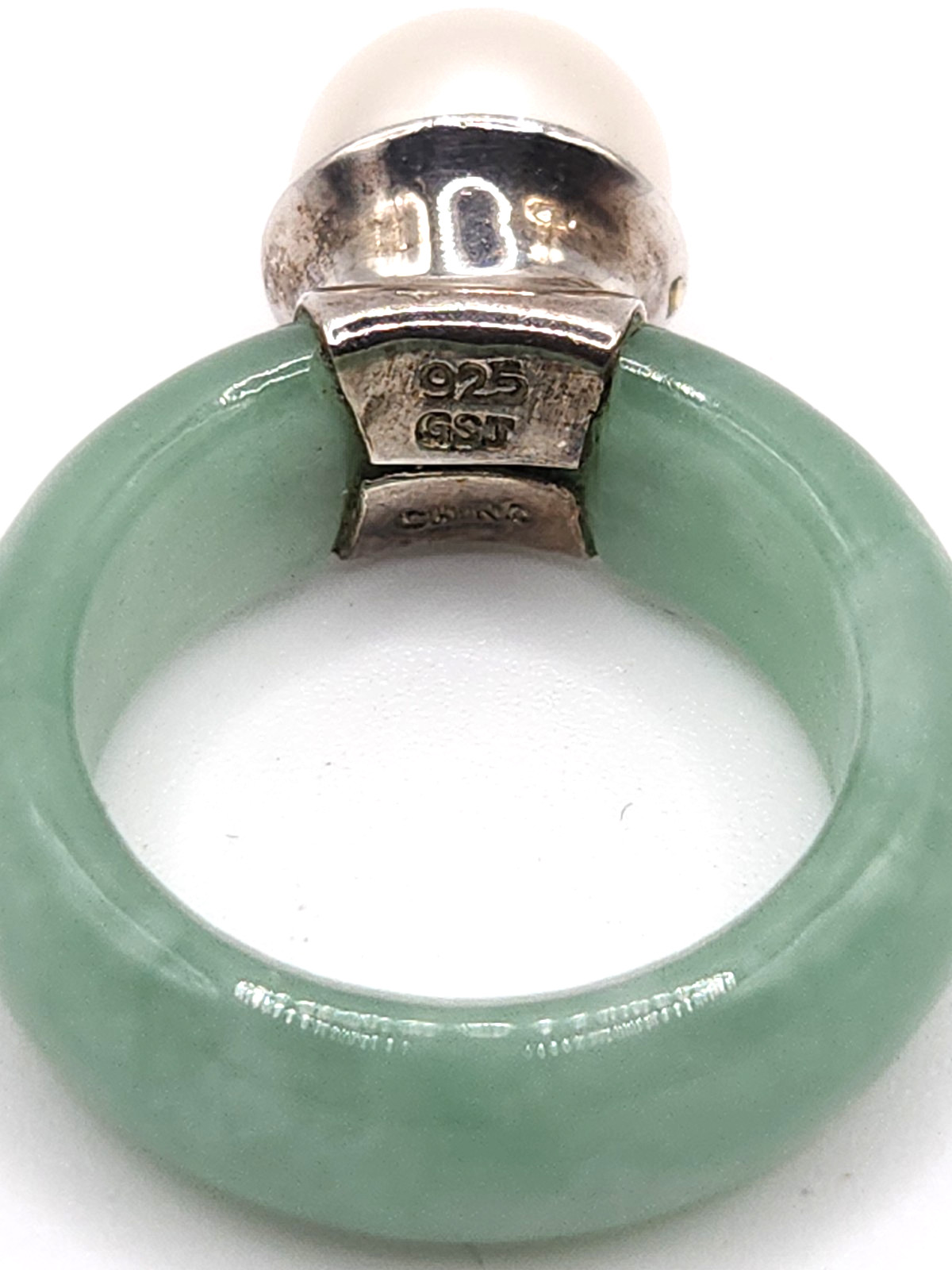 Vintage 925 China Green Jade Jadeite 6.5 Mm Pearl Ring Statement Piece Runway