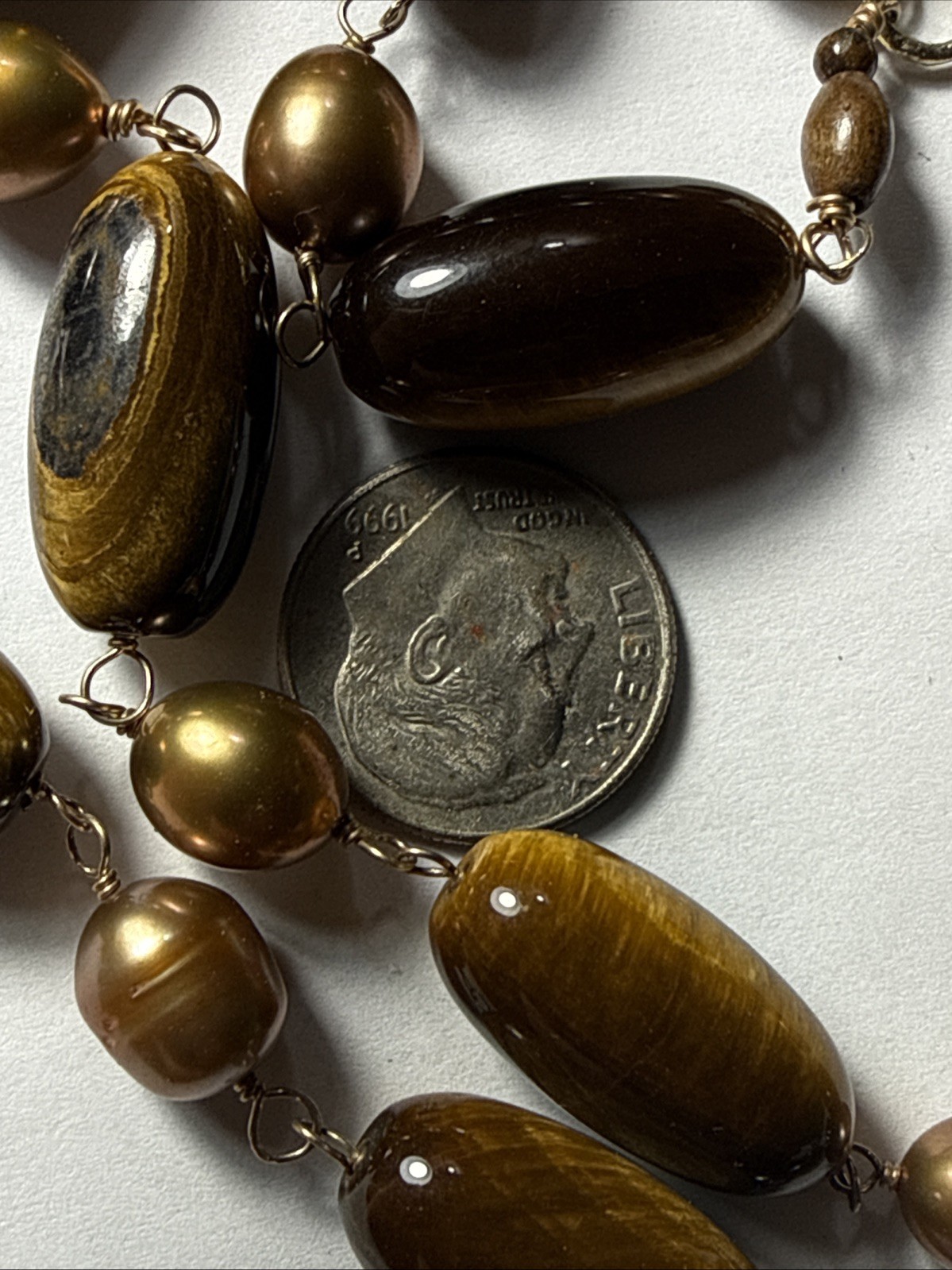 Necklace 2 Strand Tiger’s Eye Cultured Pearl Vermeil Toggle Clasp Vintage Unused