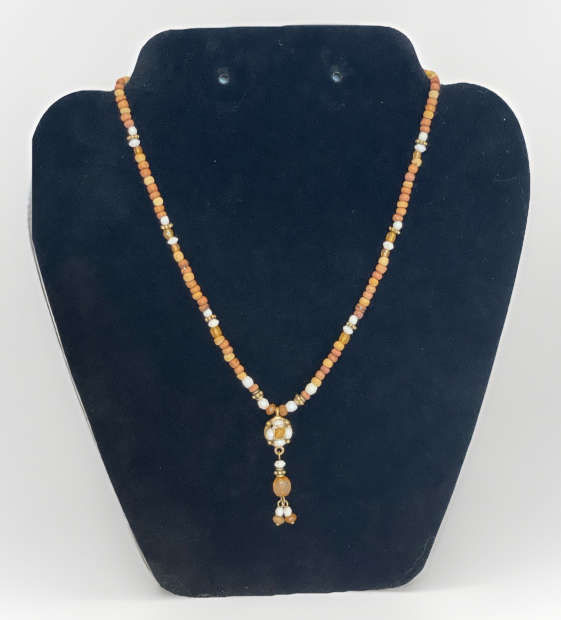 Wood Amber Resin White Beaded Lariat Choker Necklace 17 inches Hanging Pendant