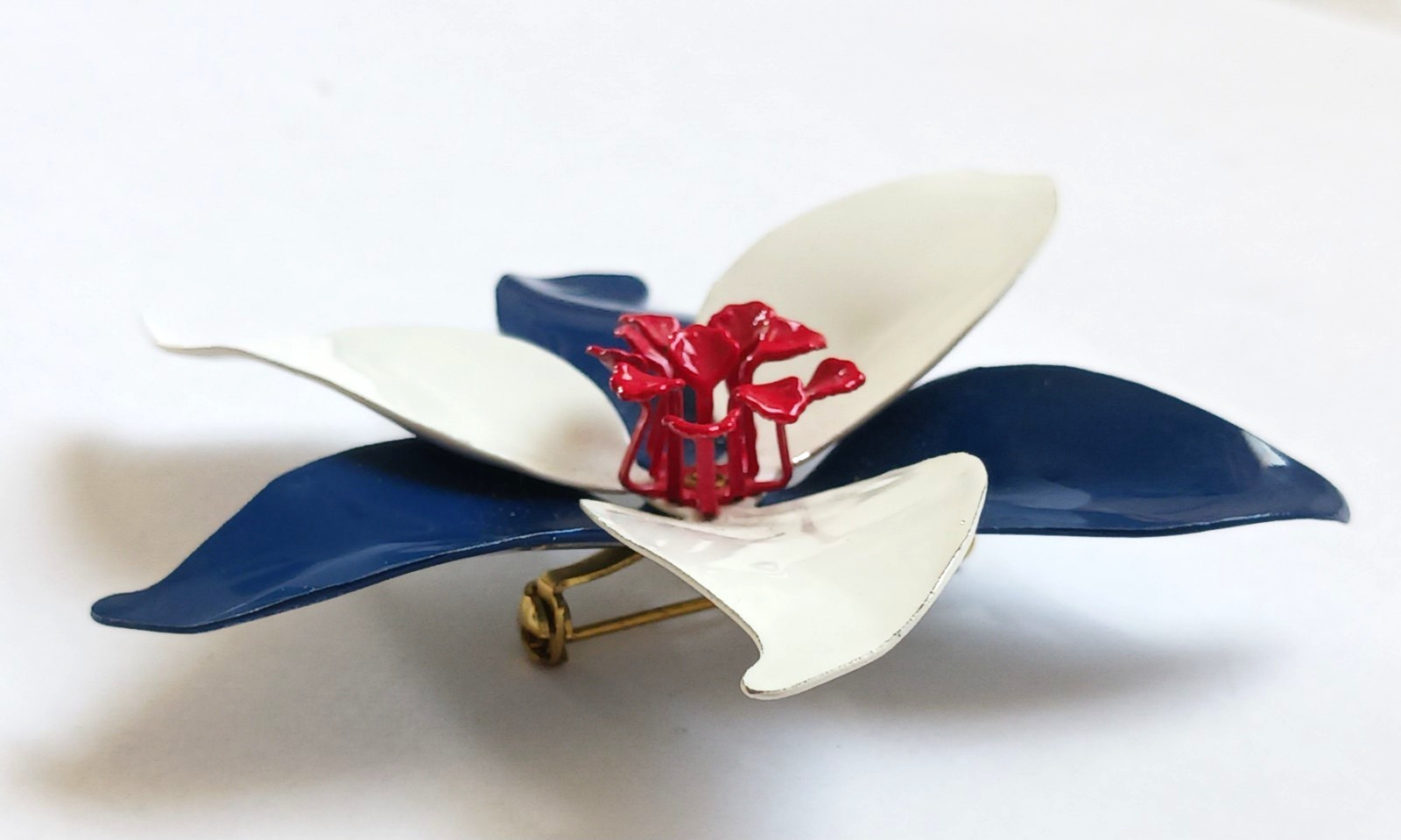 Vintage Enamel Flower Brooch ~ Red, White, Blue ~ 3.25 inch