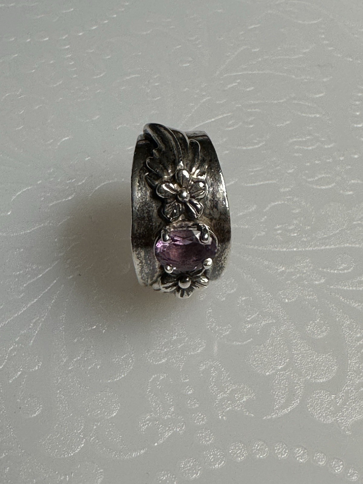 Vintage Sterling Silver Amethyst Floral Flower Ring Signed Sz 6 3/4 Elegance