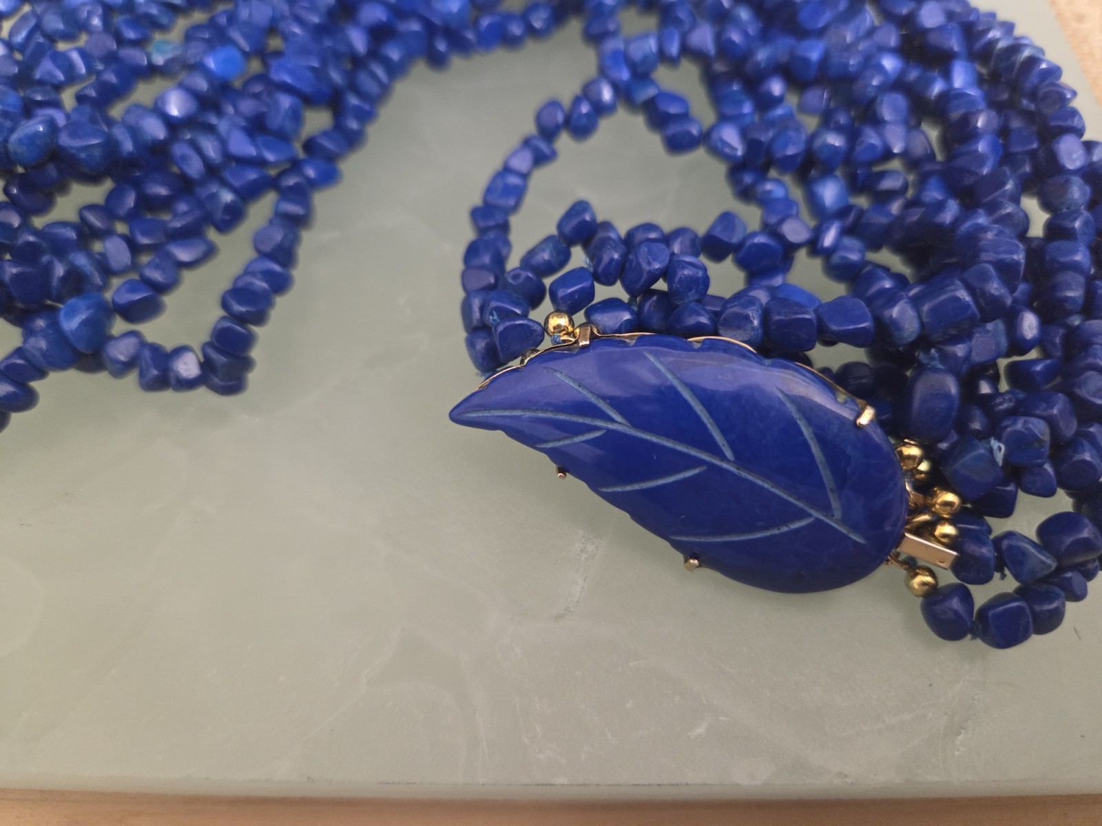 Vintage Multi Strand Necklace & Earrings Blue Lapis Lazuli Stone Carved Leaf