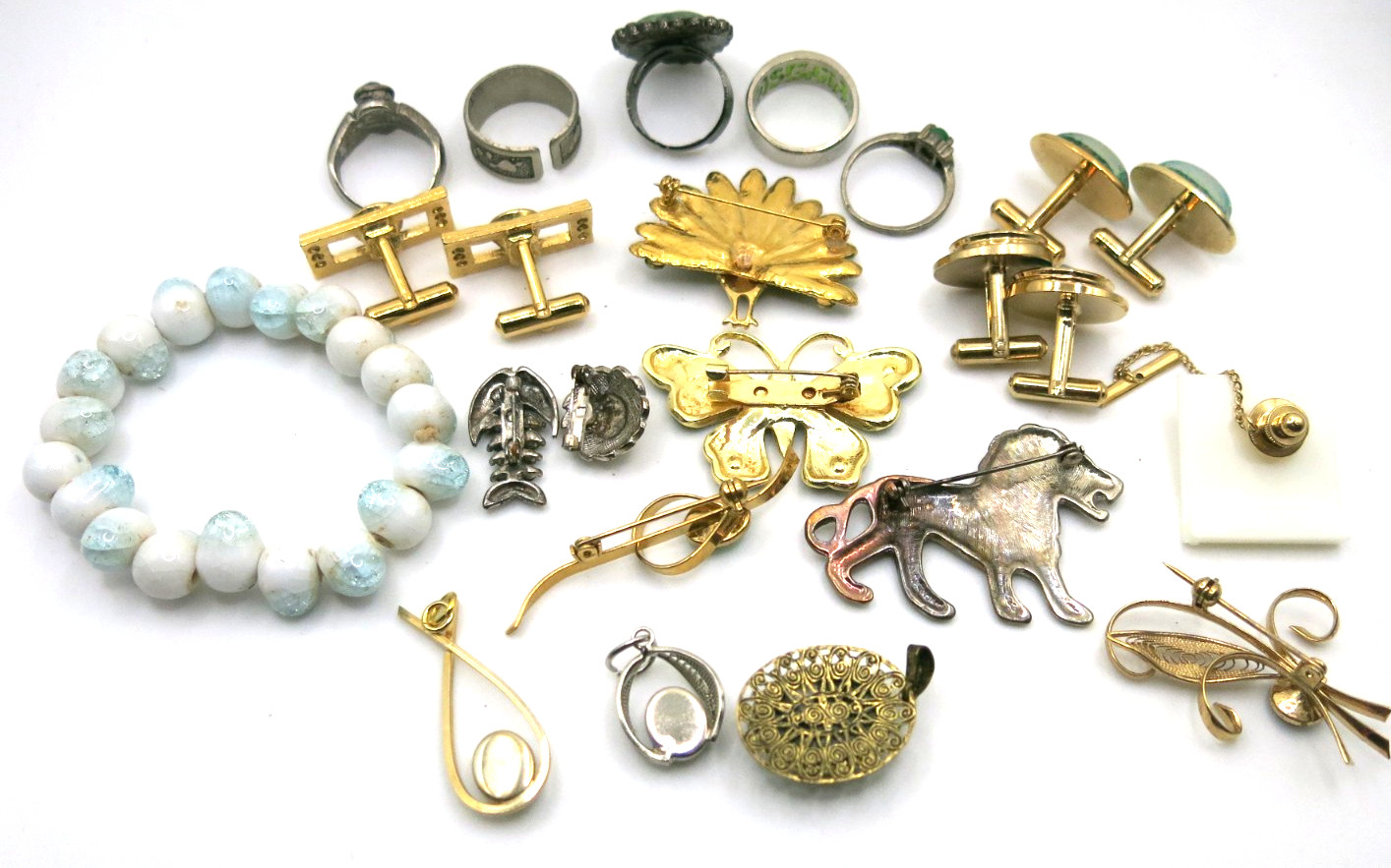 VTG Jewelry Set Lot 20pcs Pendant Brooch bracelet Cufflinks Ring Green gemstones
