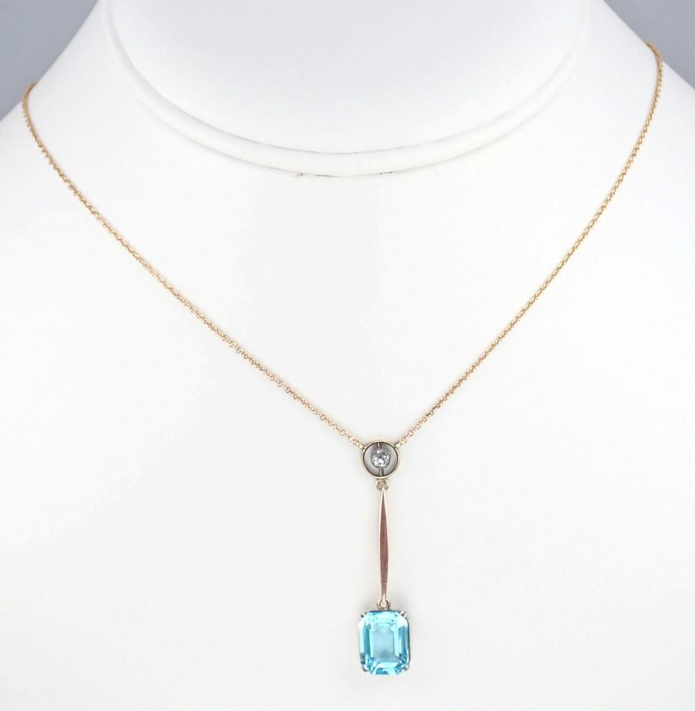 Fab Antique Edwardian Rose Gold Blue Paste White Sapphire Pendant Chain Necklace