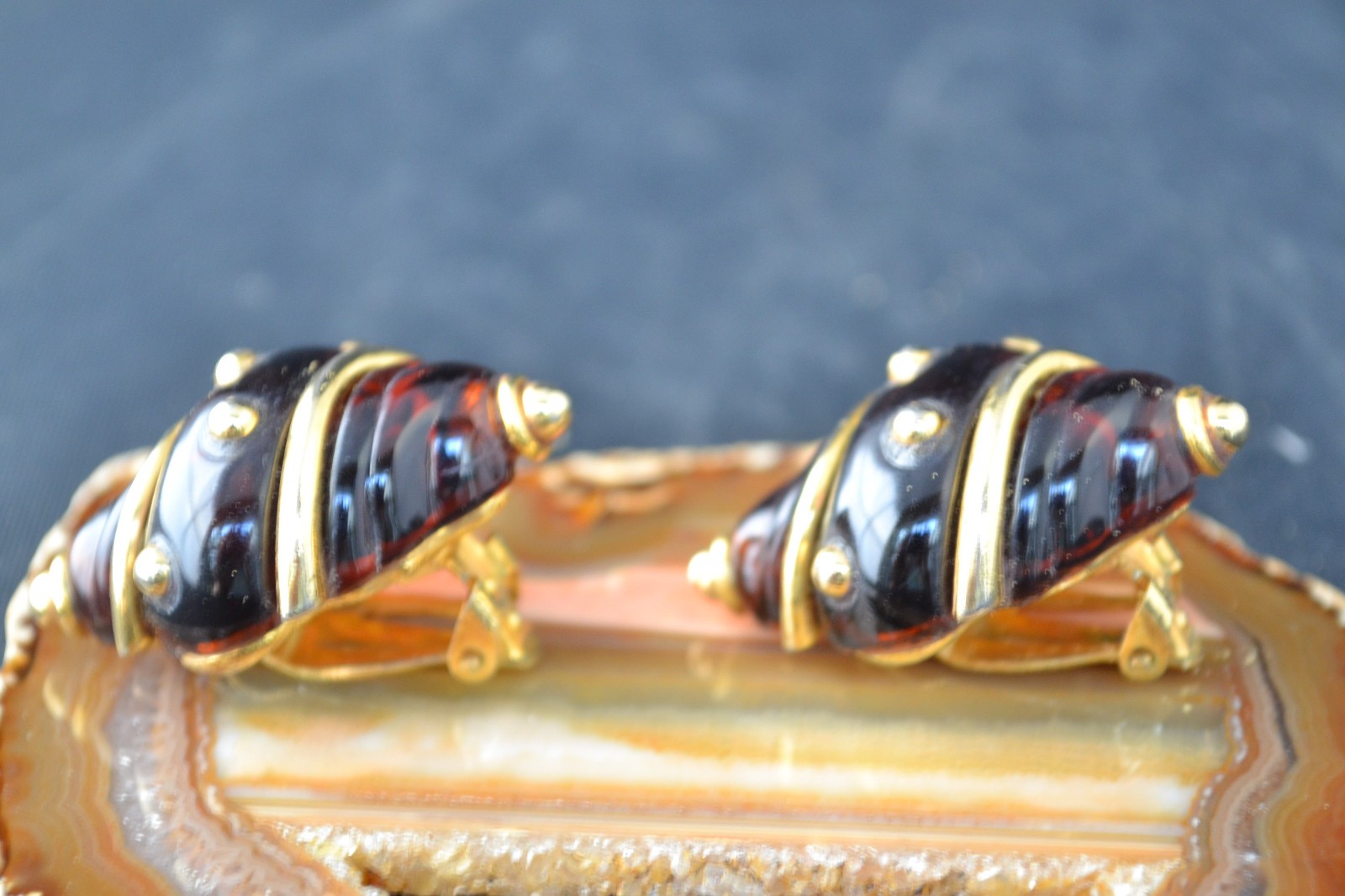 Kenneth Jay Lane KJL earrings clip on seashell Honey Amber color Lucite gold ton