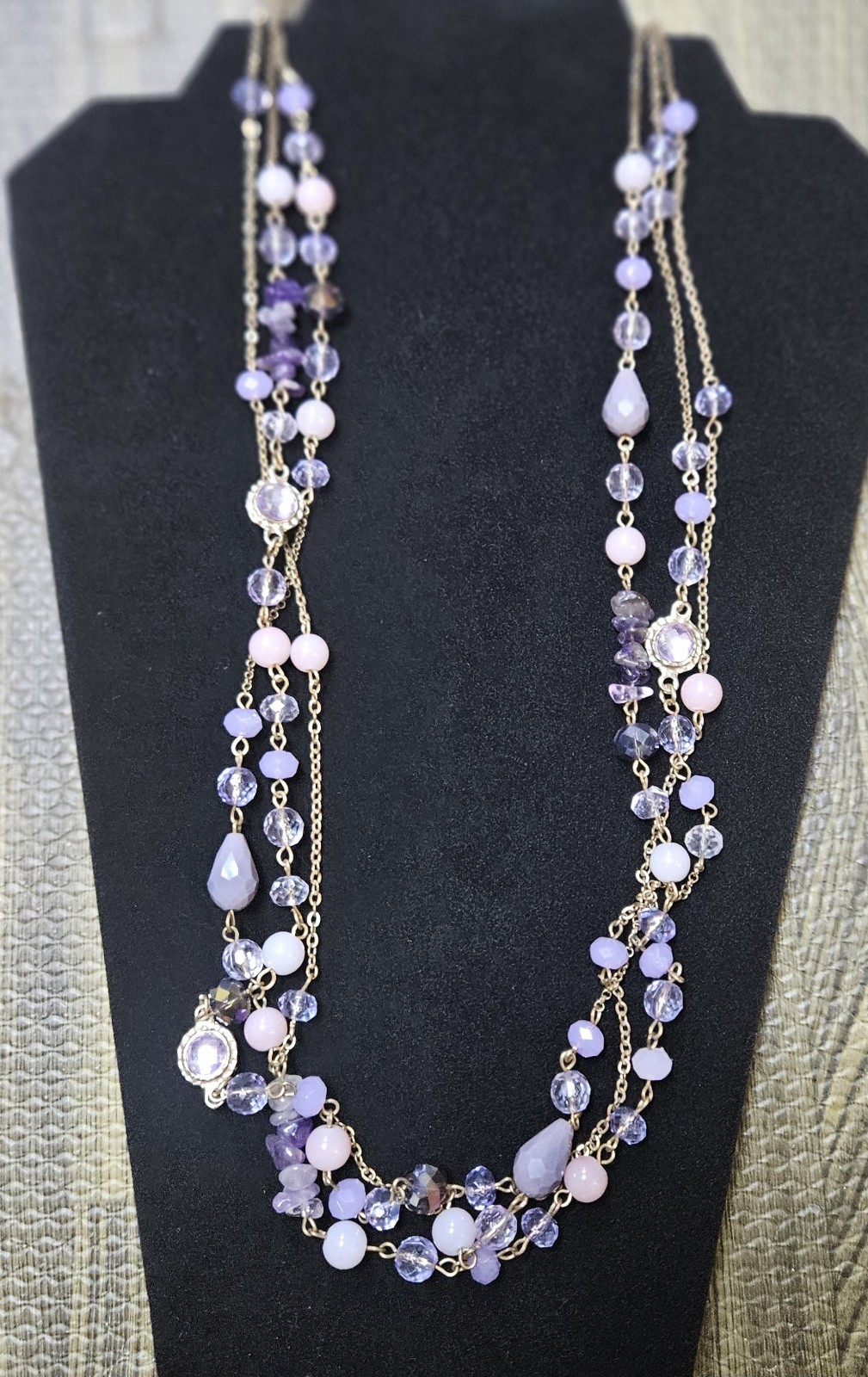 Long Layered Amethyst Chalcedony Crystal Bead Necklace Purple Pink Gold Tone