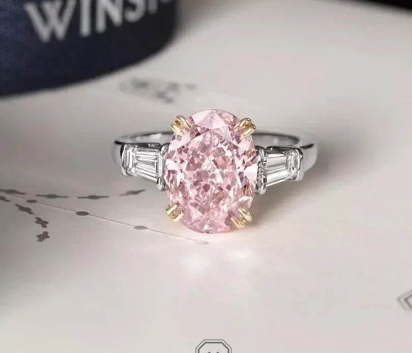 3Ct Oval Cut Lab Created Pink Diamond Three-Stone Classic Ring 14K White Gold FN