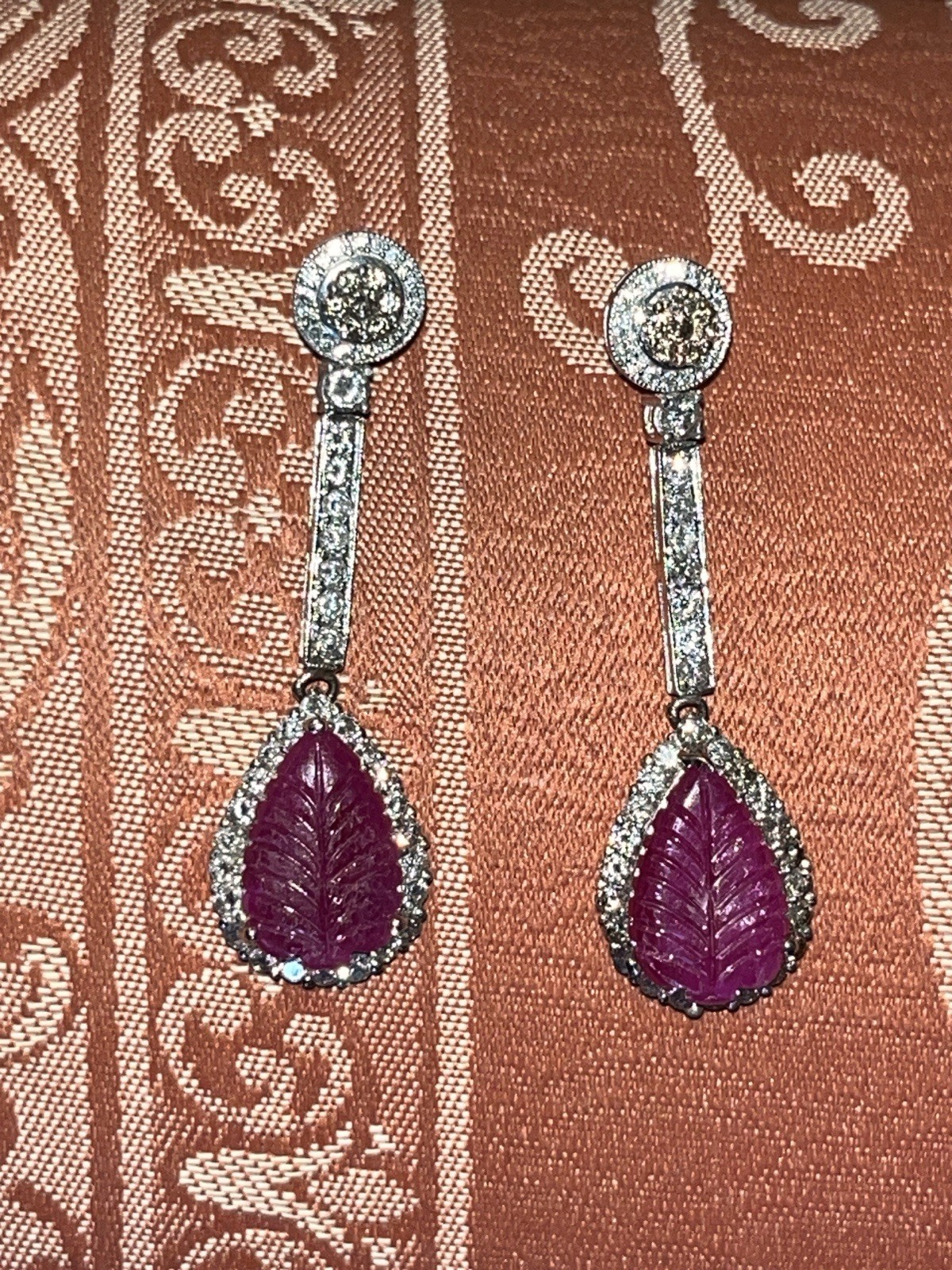 Large 14K Solid Gold Authentic Natural Ruby Diamond Leaf Earrings AGI Certified!
