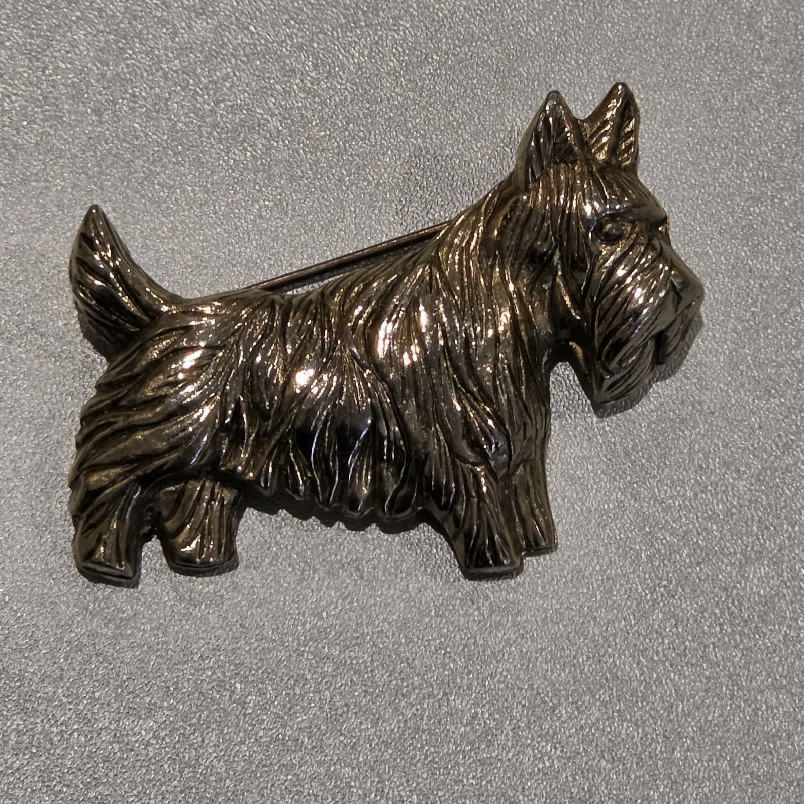 Mid Century Gold Tone Metal Dog Brooch Pin Detailed Shaggy Fur Figural