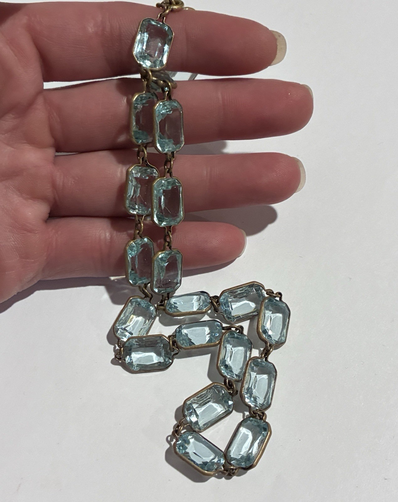 VTG CZECH Blue Bezel Set Rectangle Faceted Crystal GF Brass RIVIÈRE NECKLACE