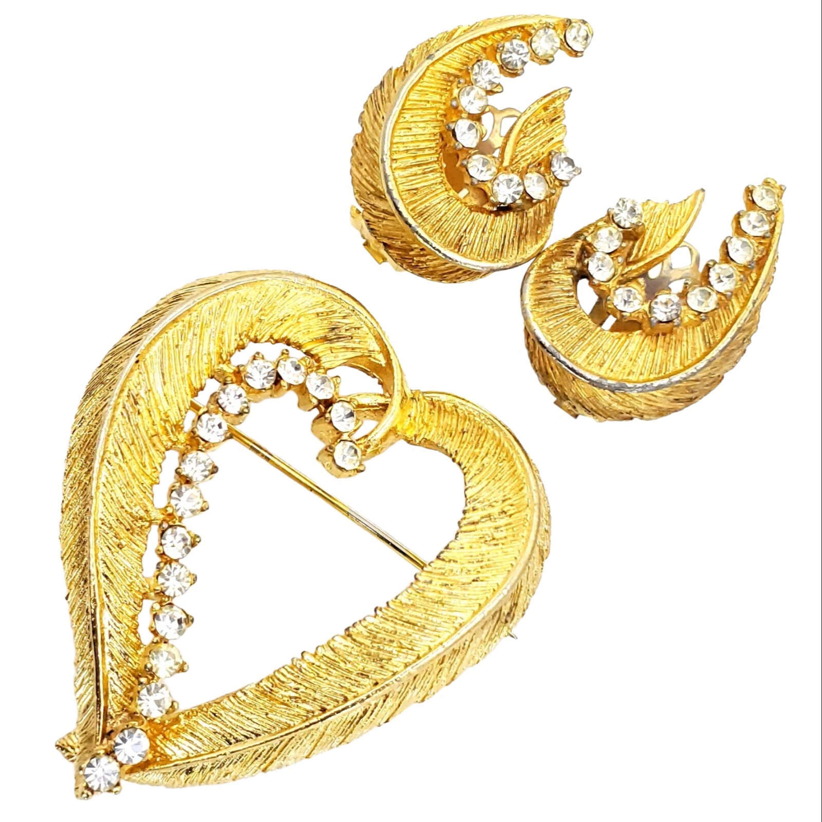 Mid Century BSK Signed Open Leaf Crystal Pave Earrings Brooch Set