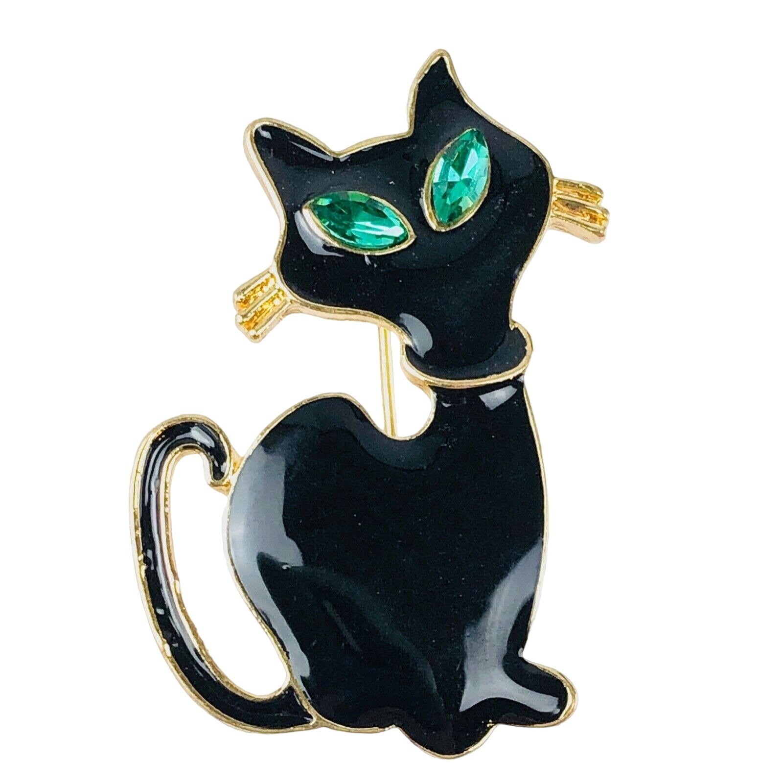 Brooch Sleek MCM Black Enamel Cat Gold Tone with Green Rhinestone Eyes