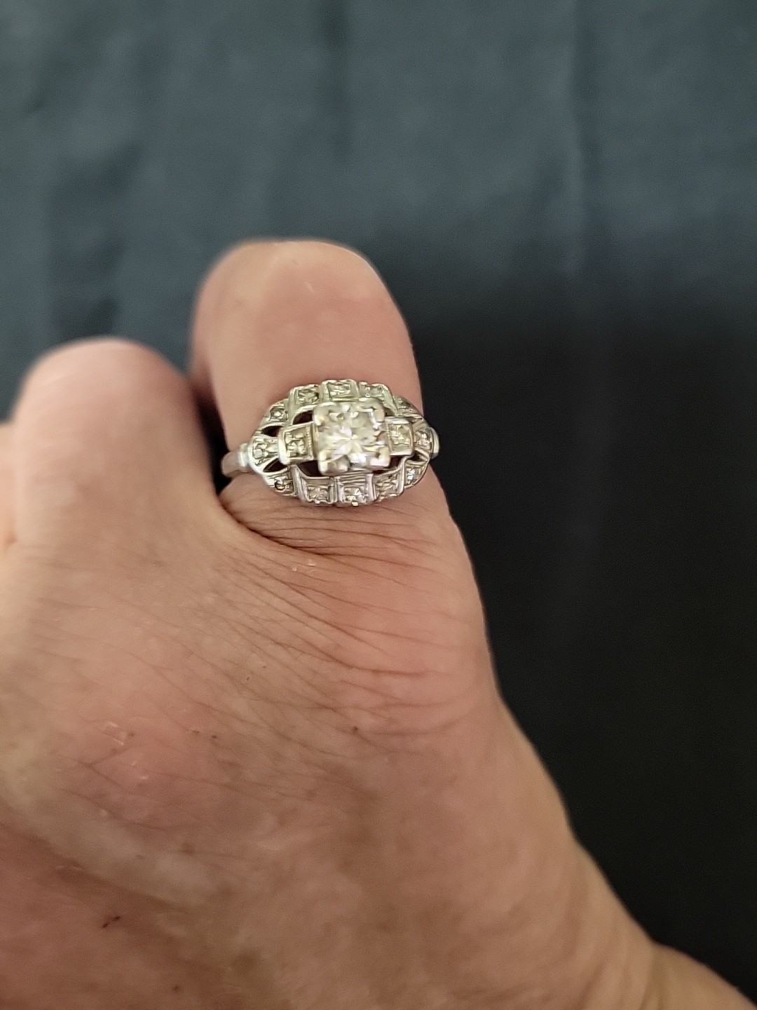 Vintage Mine Cut Diamond Ring 14K White Gold Art Deco Period
