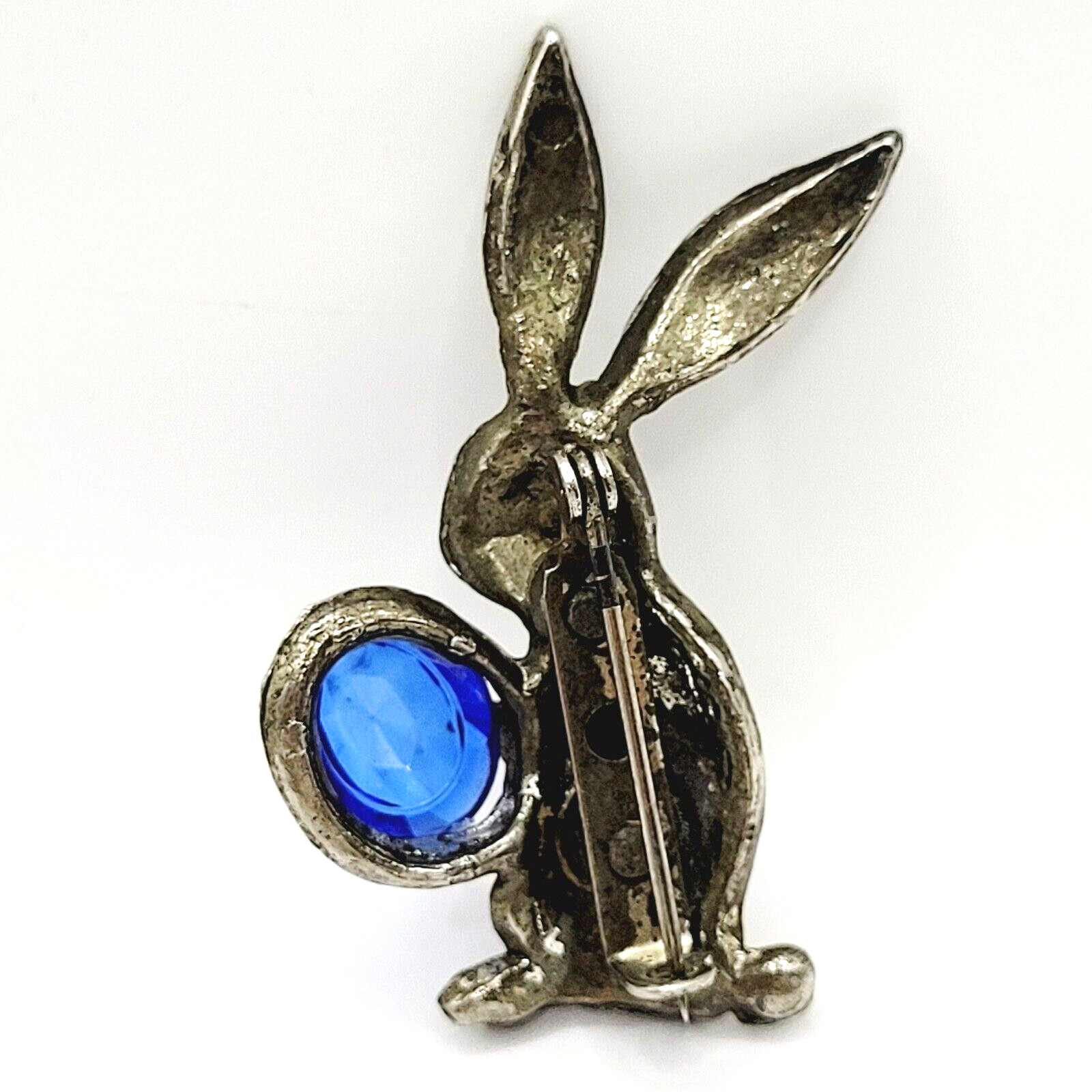 Rabbit Bunny Holding Blue Faceted Egg Silver Tone Vintage Brooch Pin Distressed