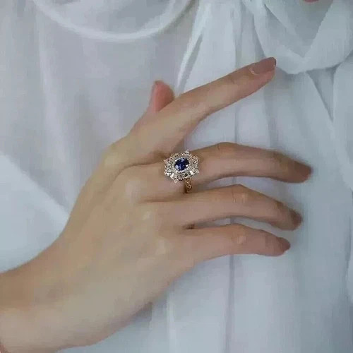 Art Deco Style Oval Sapphire & Lab Created Diamond Halo Wedding 14K Gold FN Ring