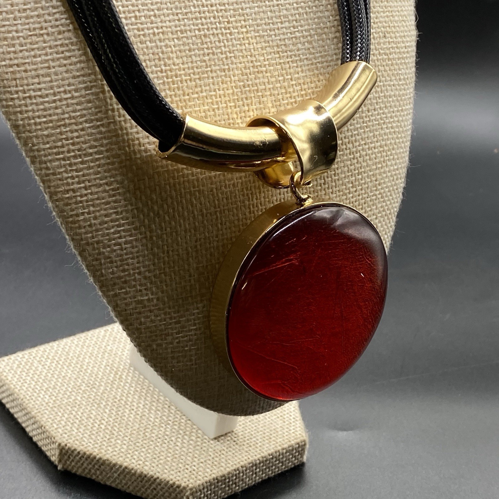 NWT Chicos Red Cabochon Necklace Medallion Large Gold Tone