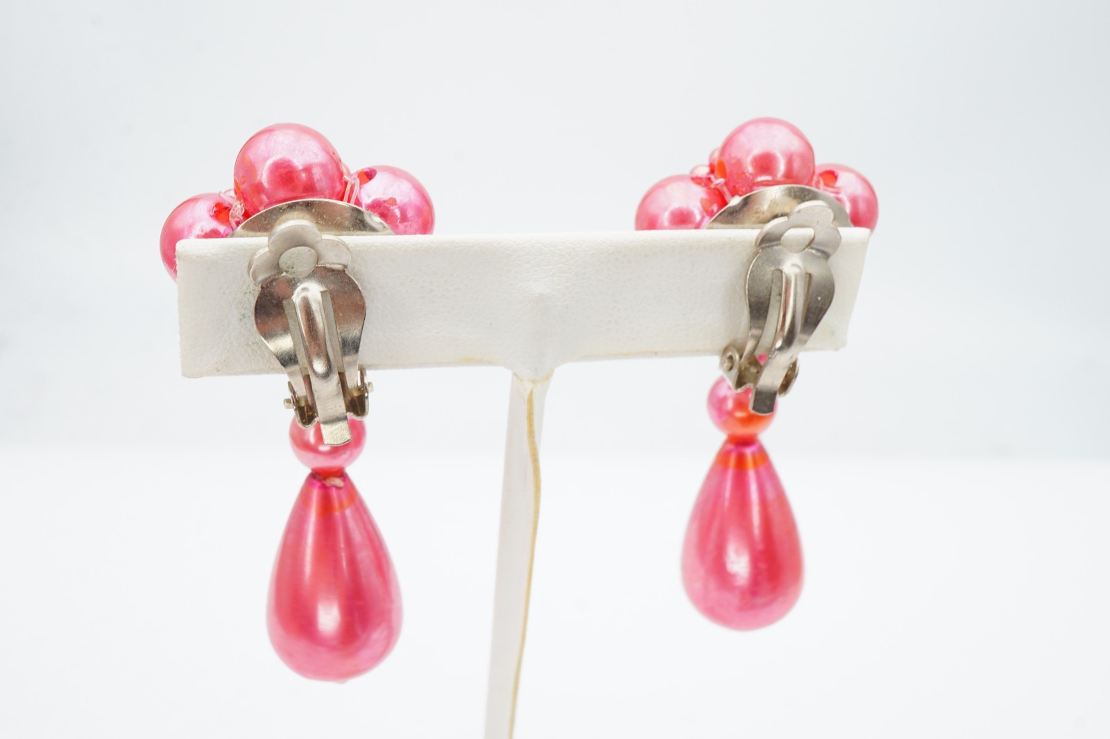 Vintage Clip On Earrings Silver Tone Pink Faux Pearl