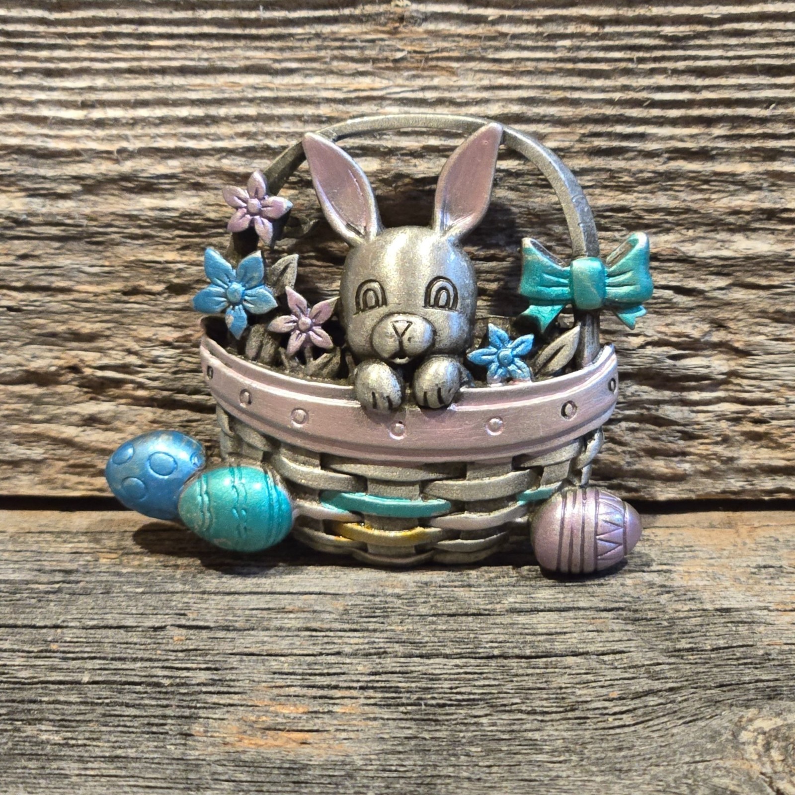 Vintage JJ Bunny Easter Basket Brooch Jonette Jewelry Rabbit Spring Holiday Eggs