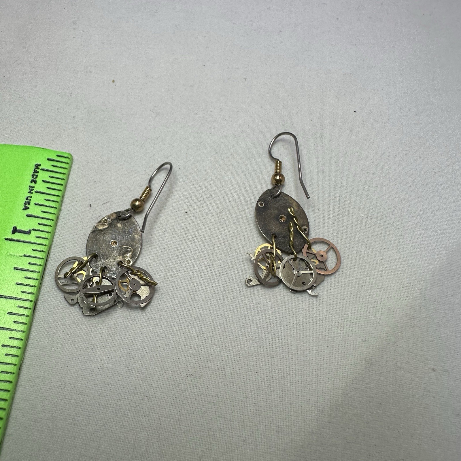 Vtg ELGIN Thin White Dial Dangle Earrings Watch Clock Unique Handmade