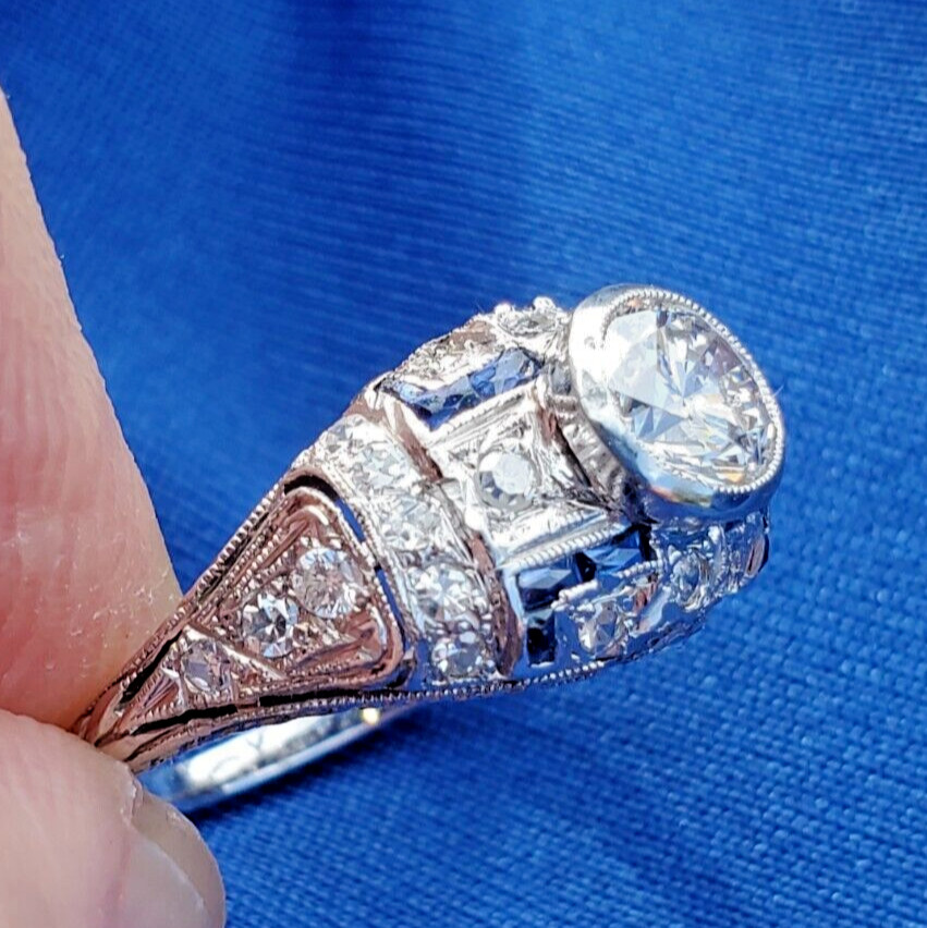 Original EARTH MINED DIAMOND Deco Engagement Ring Platinum Sapphire Solitaire 6