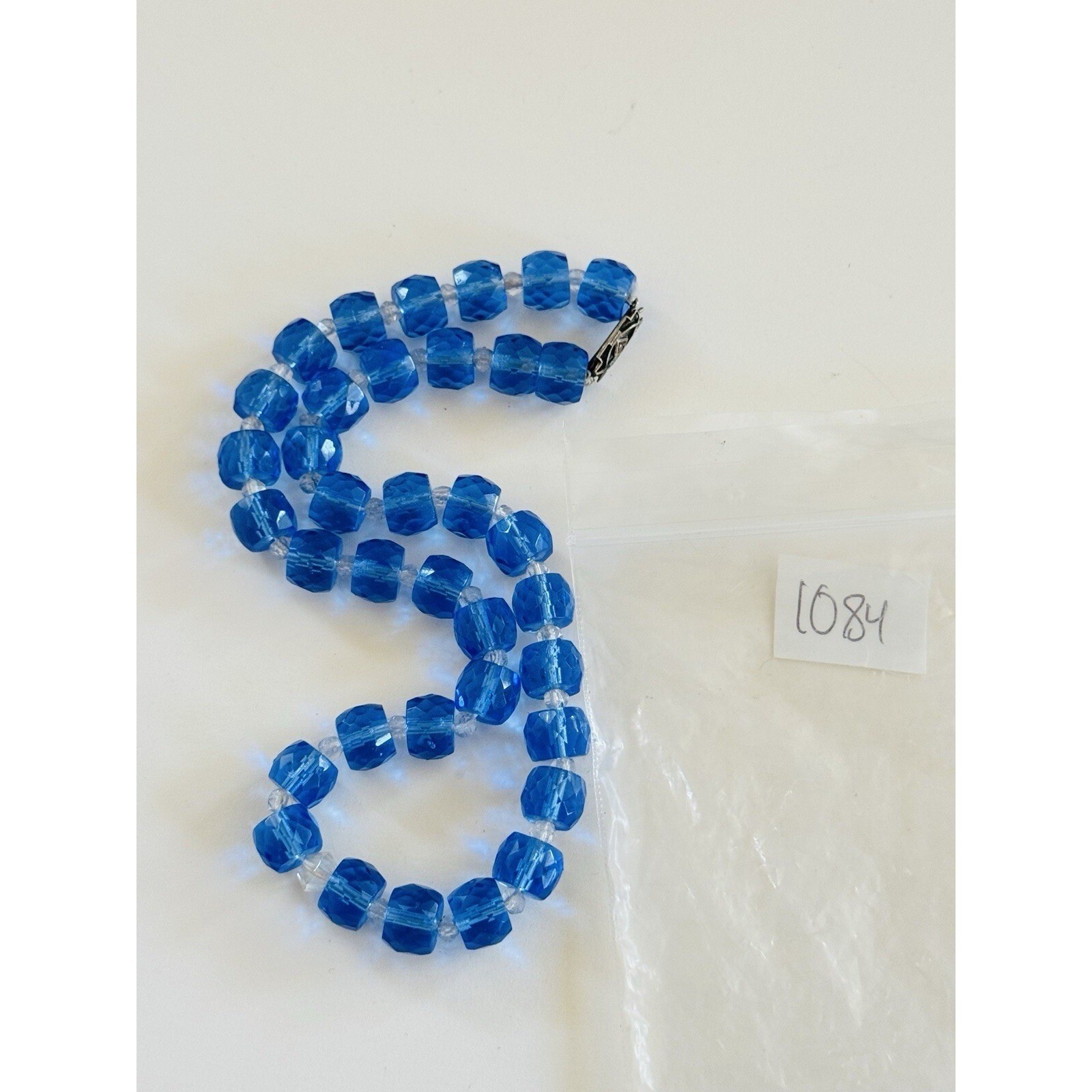 Vtg Czech blue choker Necklace Clear Blue Glass Carved Beaded Art Deco 16″
