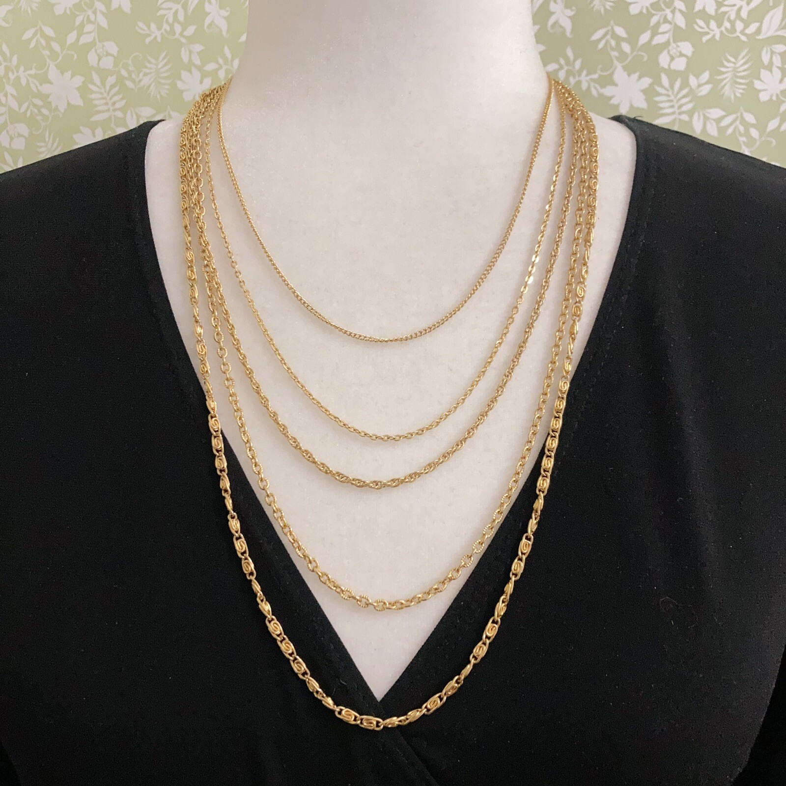 Vintage Multiple Strand 5 Strands Gold Tone Chain Necklace