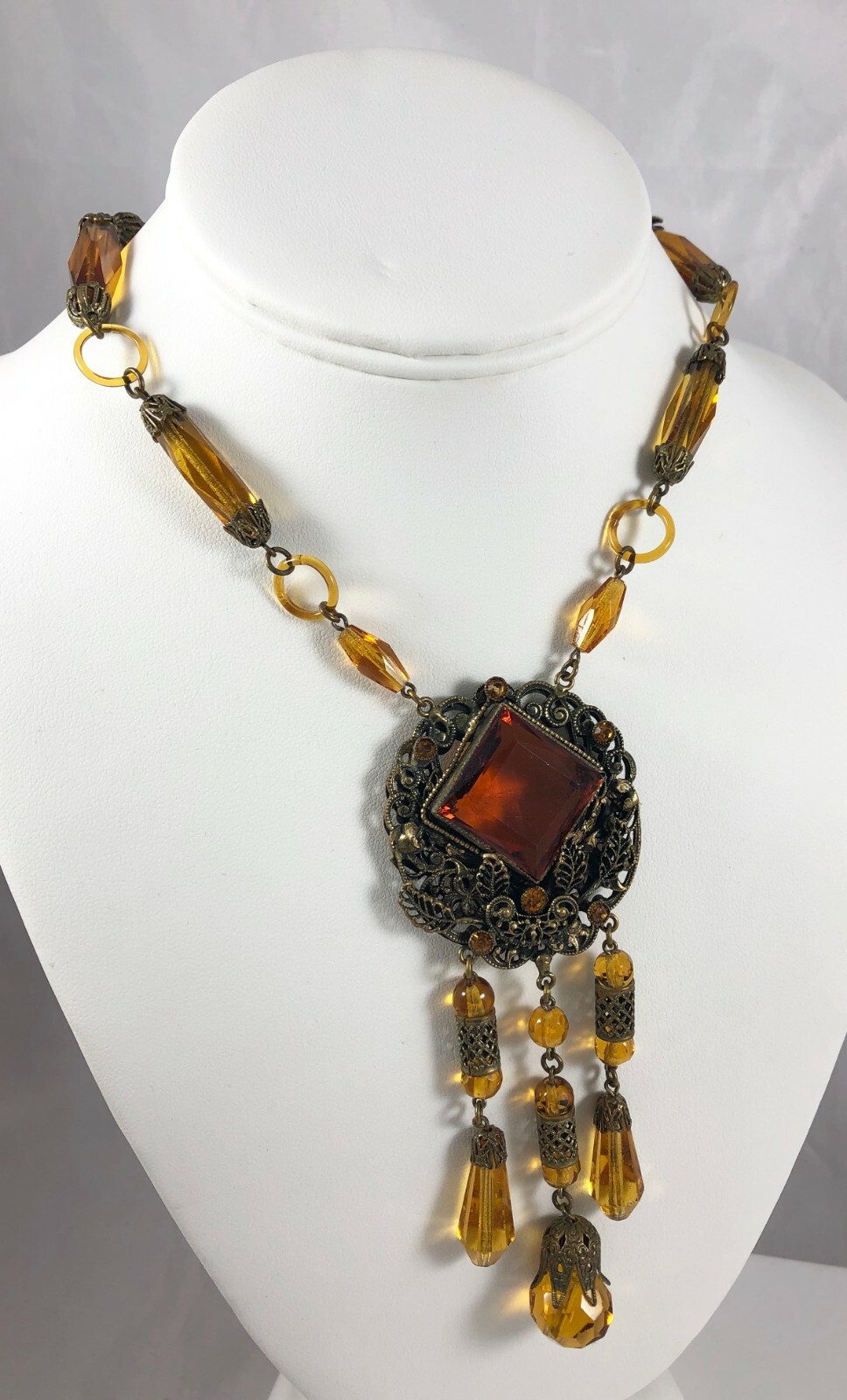 Antique Czechoslovakia Max Neiger Amber Brown Long Dangle Necklace Glass Links