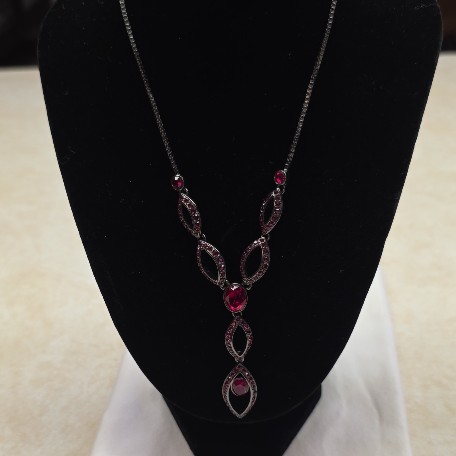 Vintage Givenchy Red Crystal Lavalier Drop Necklace – Gunmetal/Black Chain