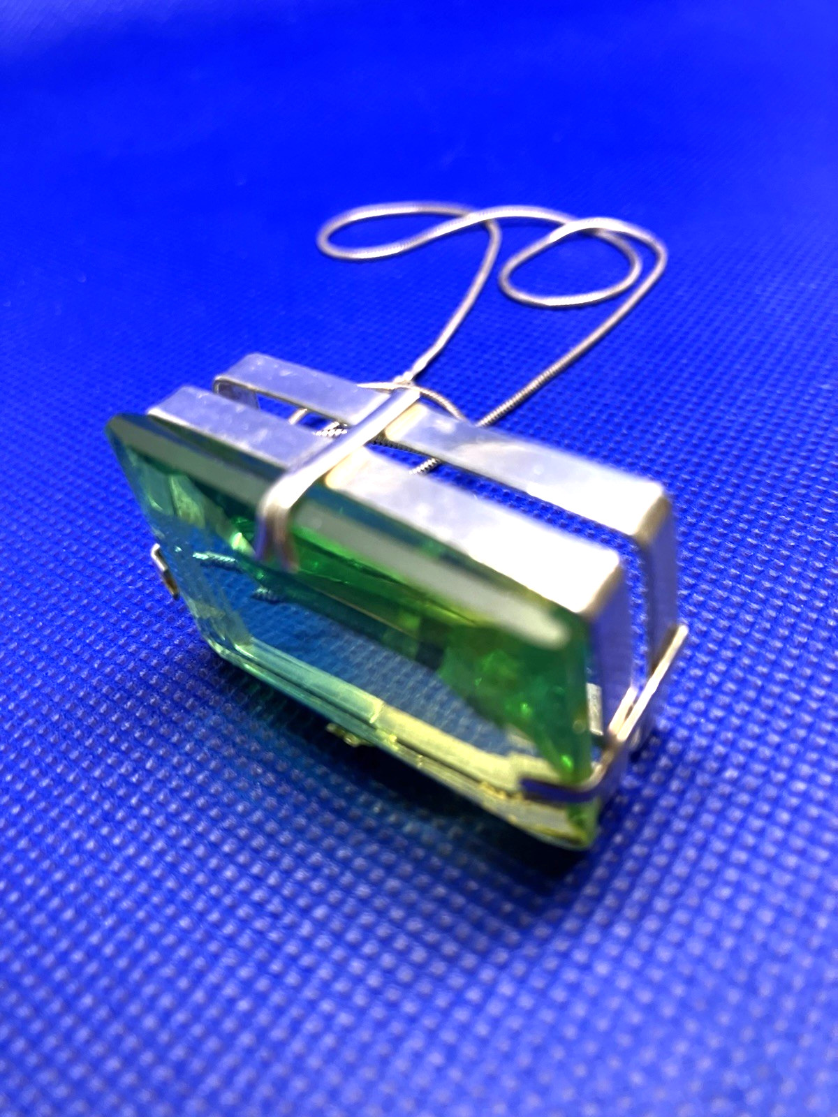 Large Square Faceted Green RS Necklace n Italy 925 Sterling Silver Chain/Setting