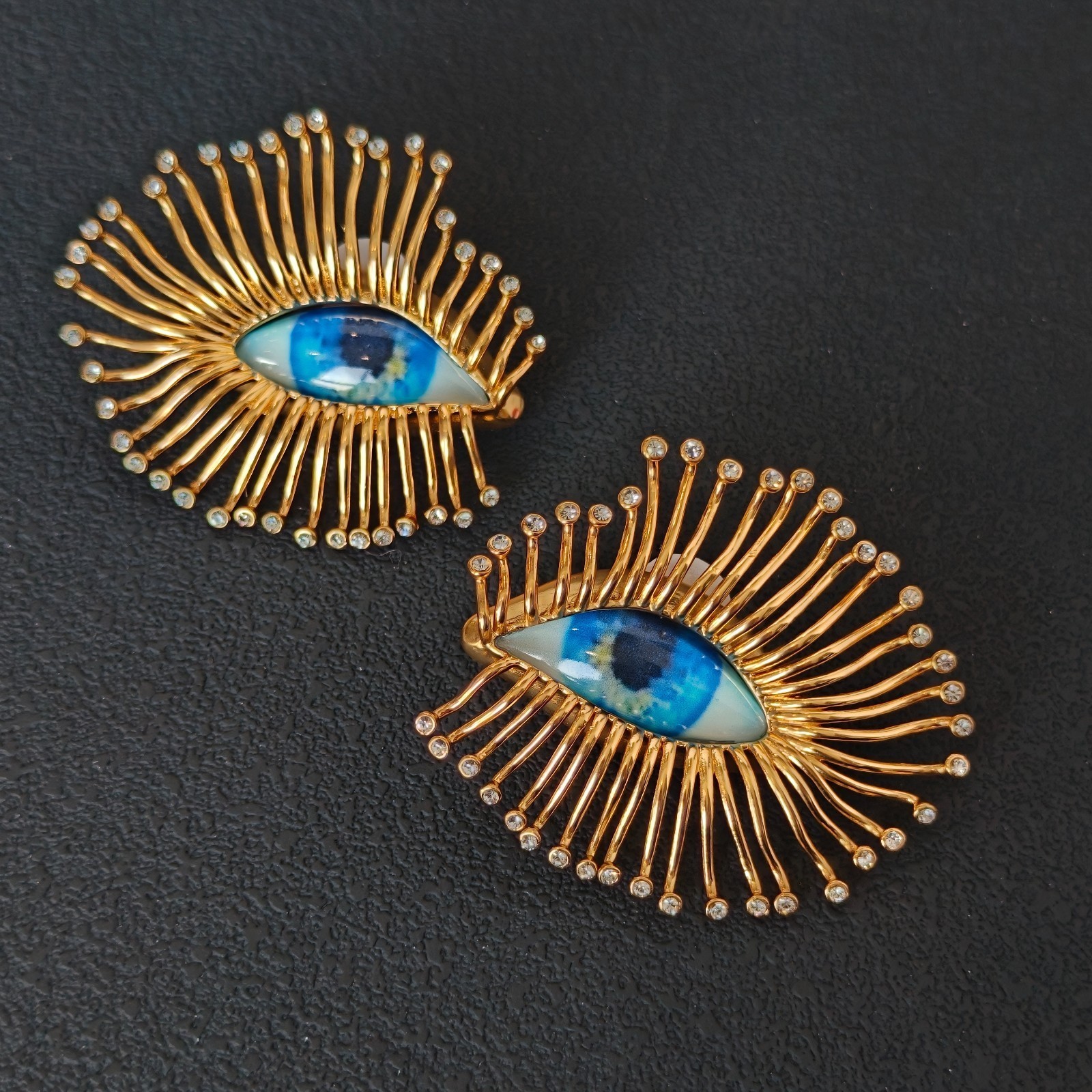 Schiaparelli Blue Eye Shape Luxurious Texture Golden Earrings WITH BOX