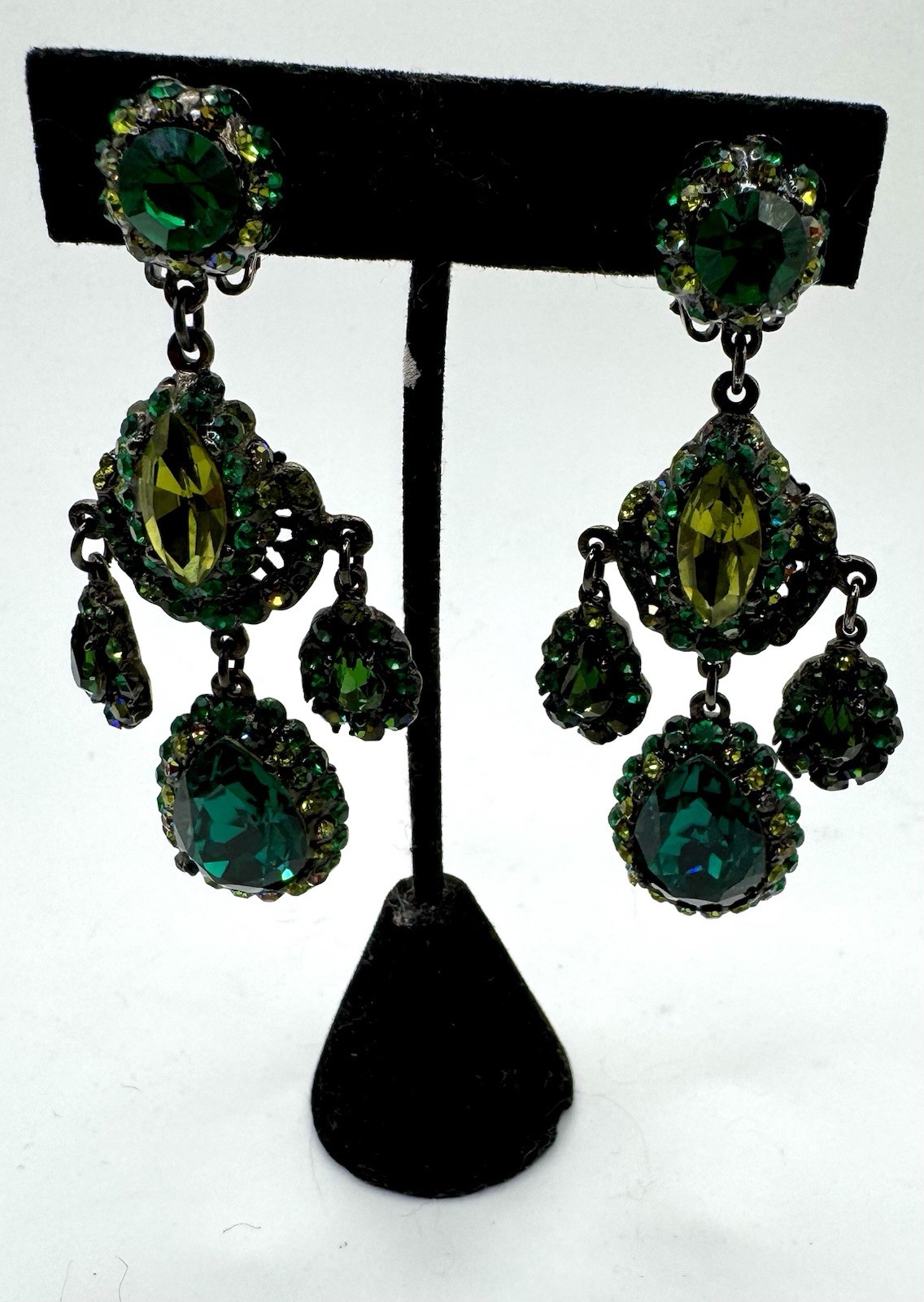 Barrera Crystal Clip-On Drop Earrings Of vibrant green crystals set in Gunmetal