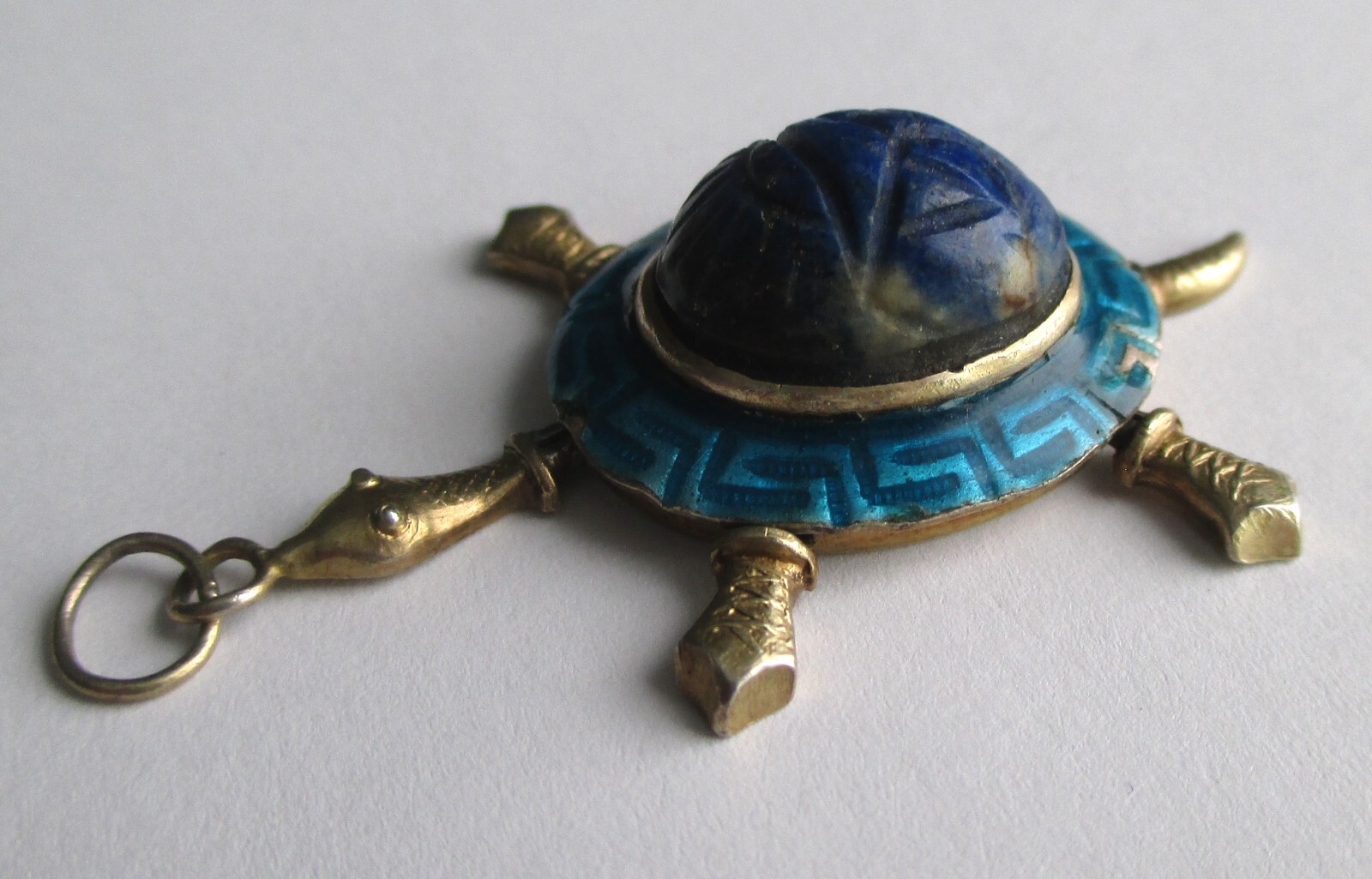 VINTAGE STERLING SILVER EGYPTIAN REVIVAL CARVED LAPIS SCARAB ARTICULATED TURTLE