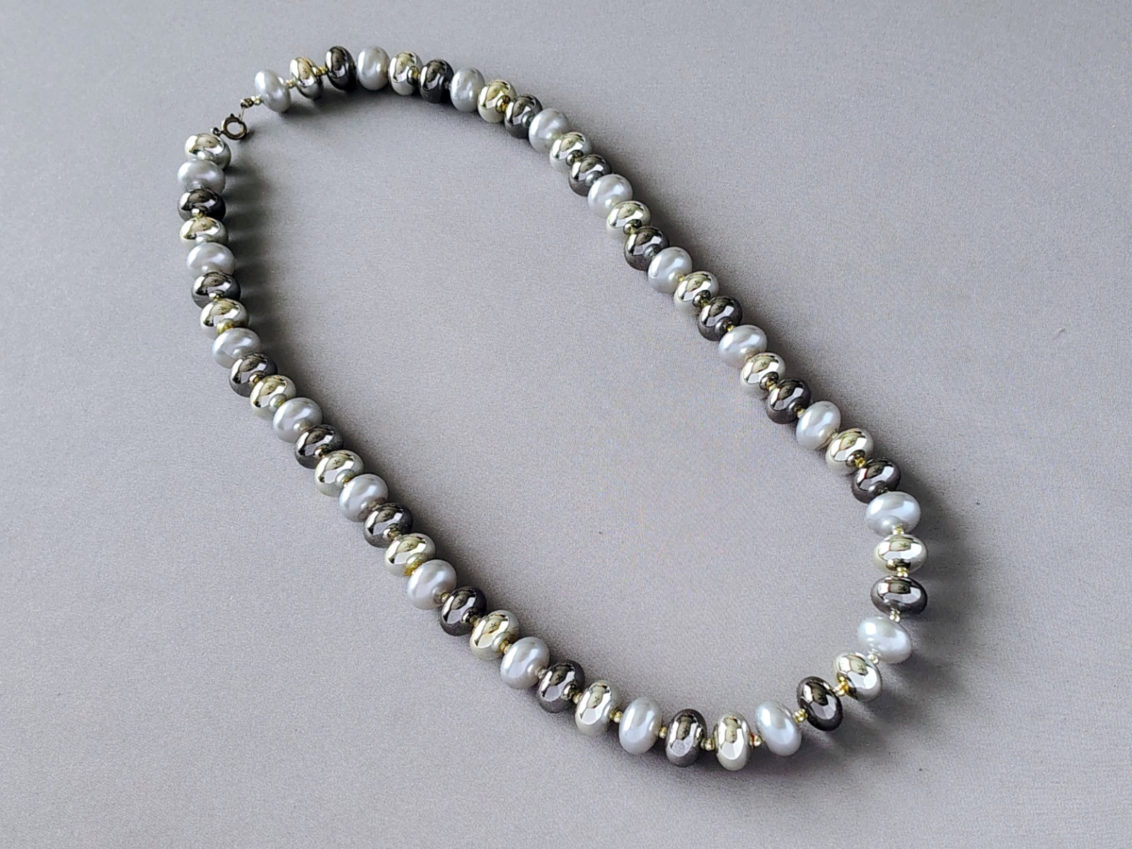 Vintage Beaded Necklace Silver, Gun Metal Gray, and Gray Faux Pearl 24” necklace