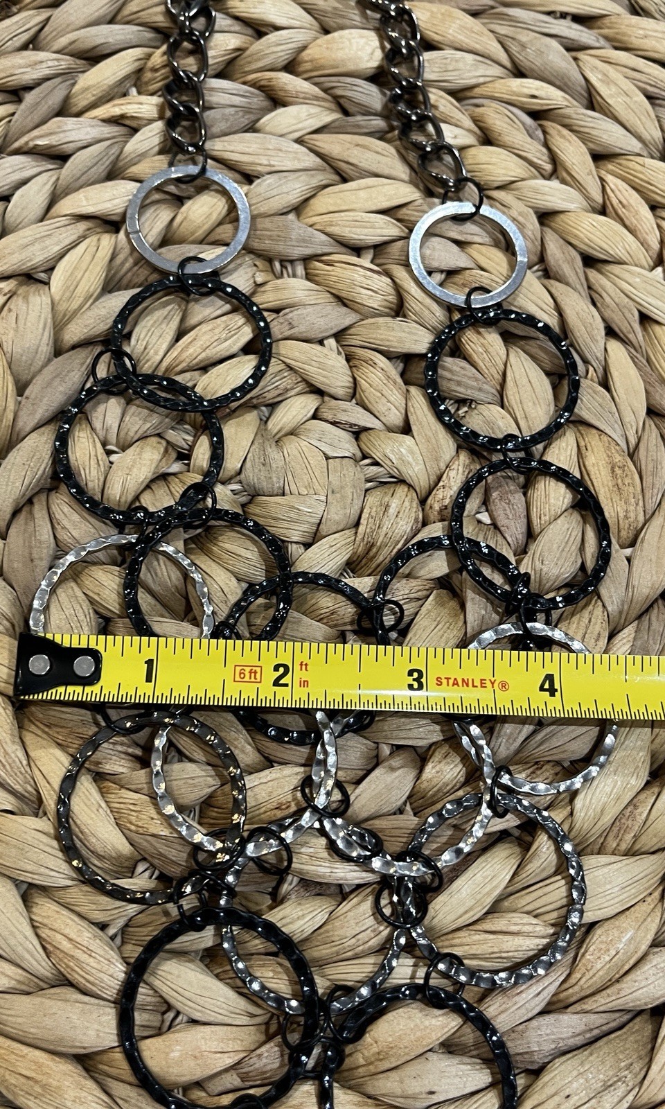 Modernist Hammered Circle Collar Torque Necklace Black Silver Tone Waterfall