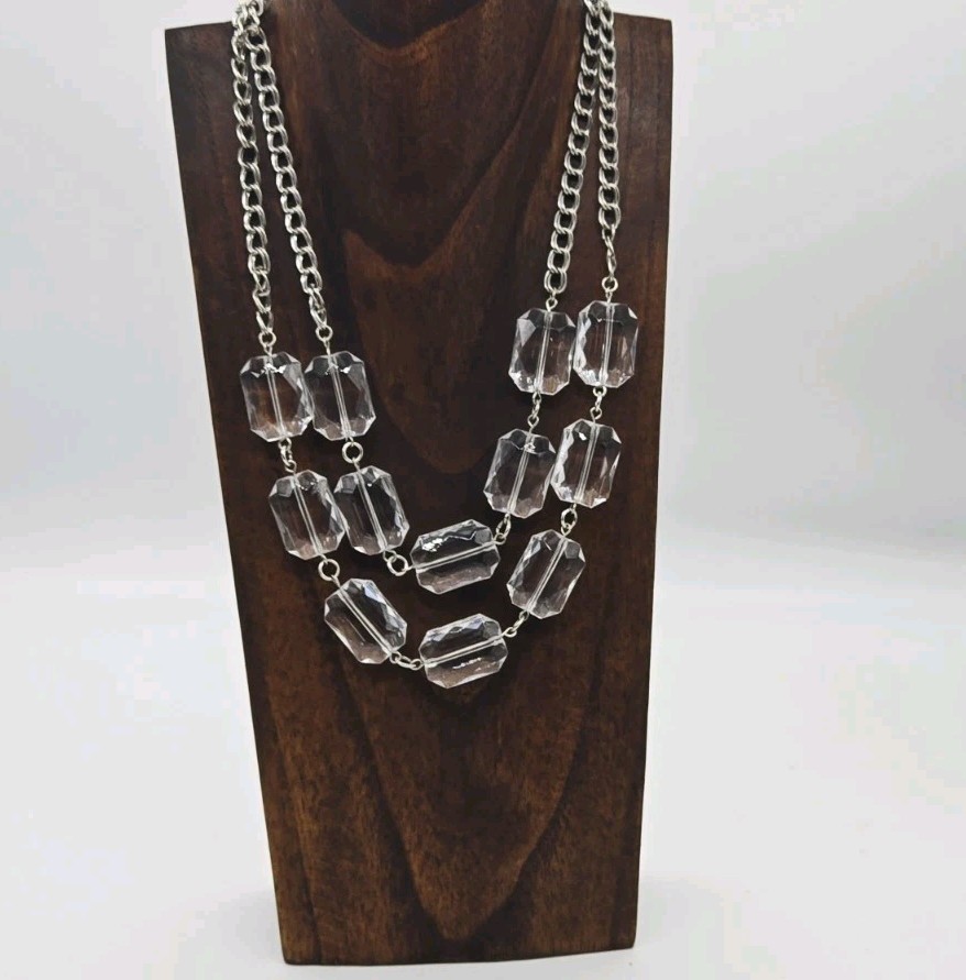 Clear Lucite Layered Necklace Silver tone Art Deco Link Chunky Macy’s 21 in