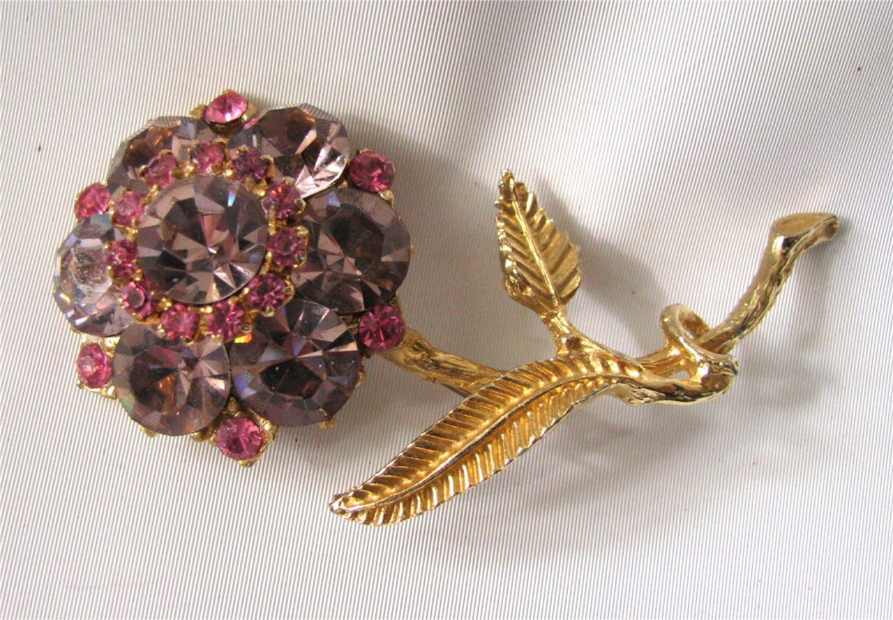 Vintage EdLee Lavender Pink Rhinestone Flower Brooch Pin Gold Plated Dazzling 3″