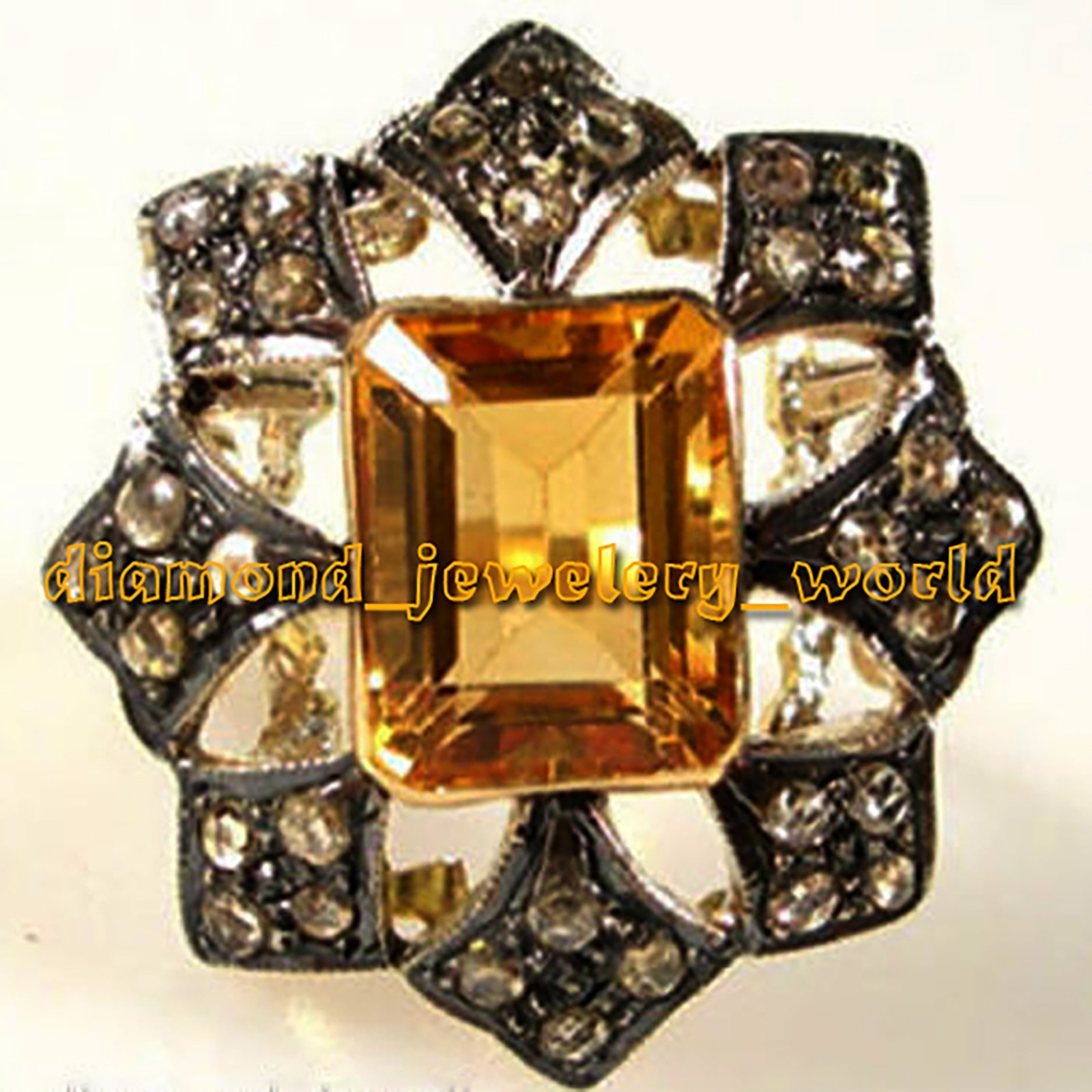 Amazing 1.79ct Rose Cut Diamond Yellow Topaz Studded Silver Vintage Ring Jewelry