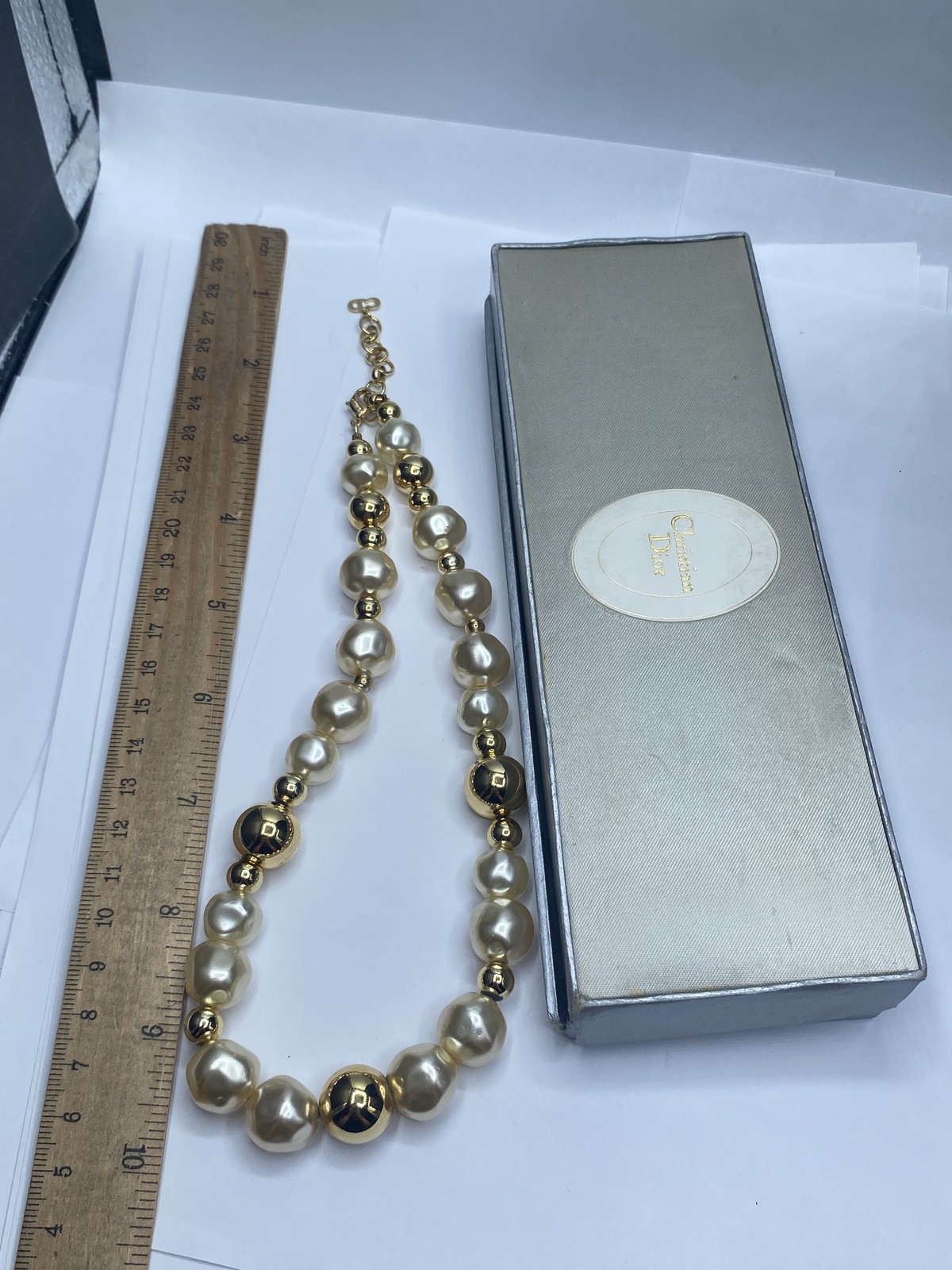 Vintage Christian Dior Gold Tone Faux Pearl Necklace 16.5″ COA