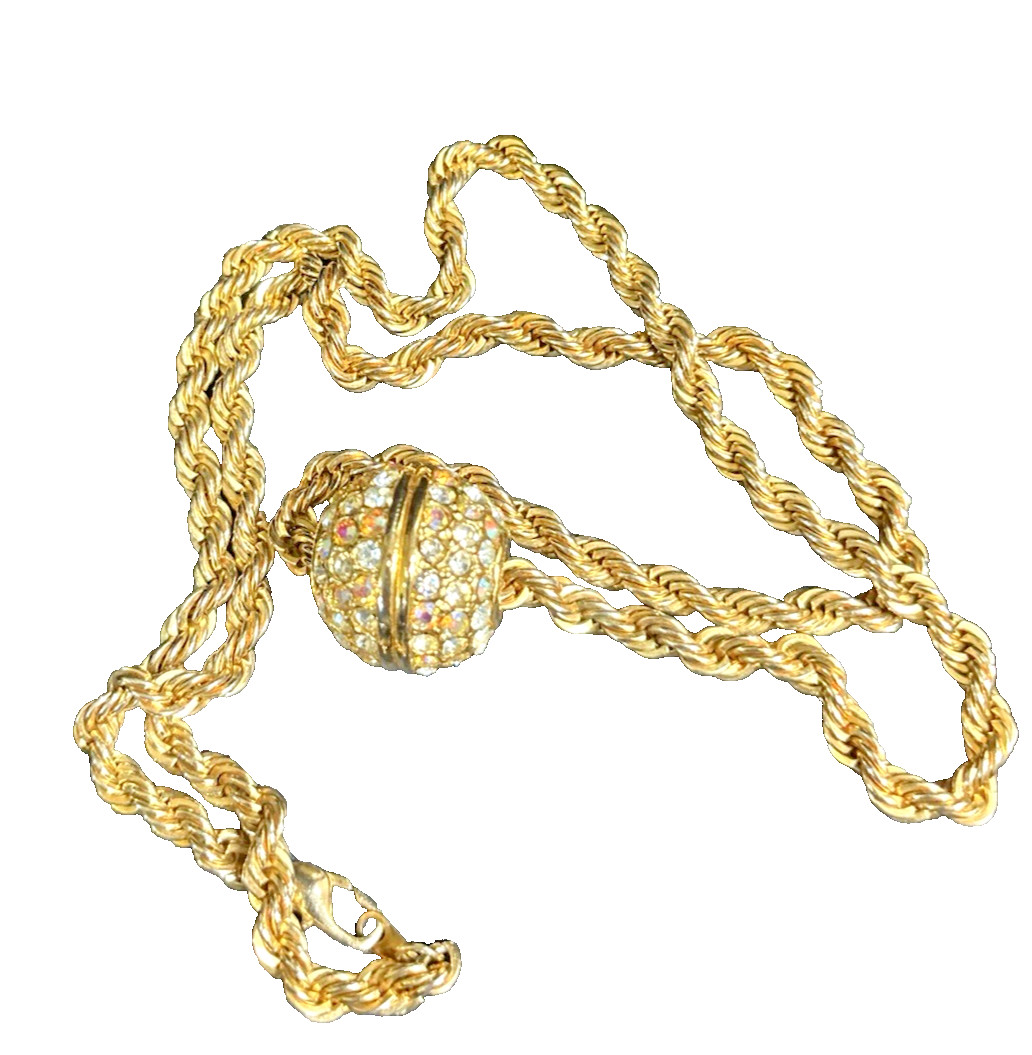 Vintage Rhinestone Slide Ball Charm Pendant necklace Gold Tone Iridescent
