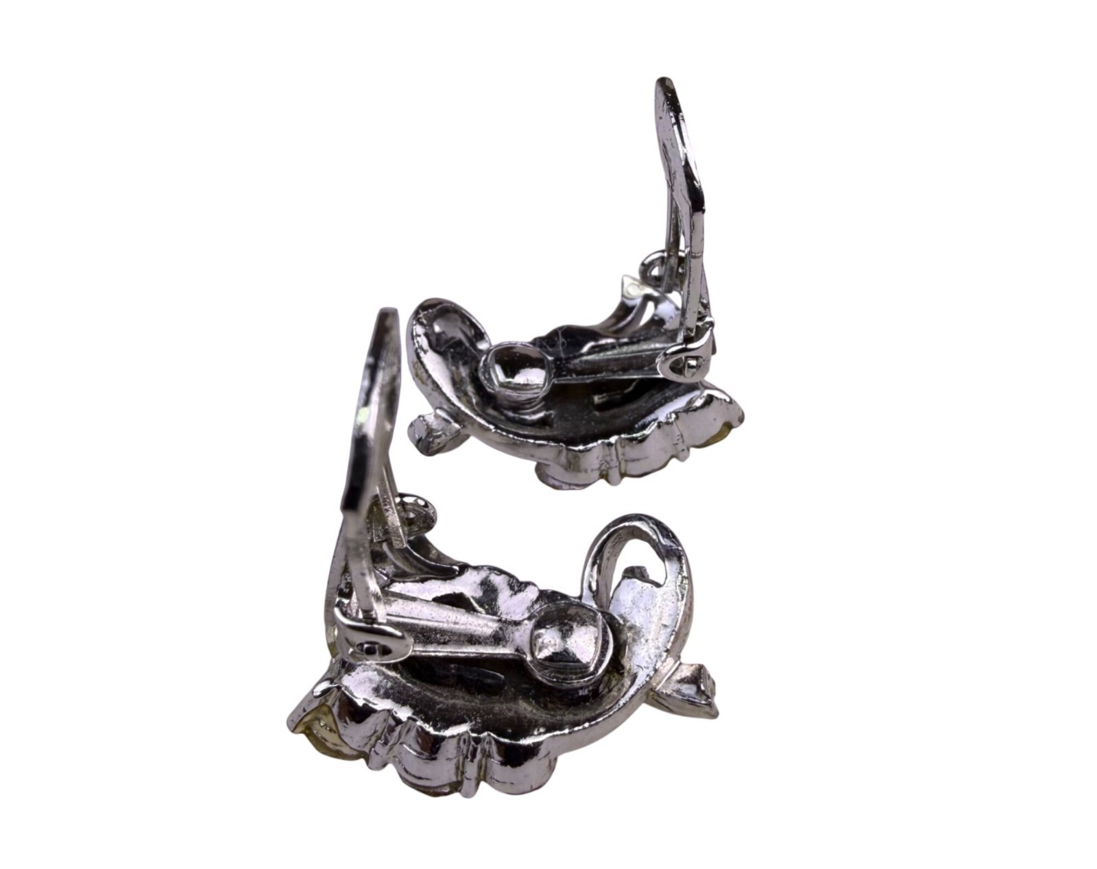 Vintage Womens Silver Tone Rhinestone Floral Brooch & Clip-On Earrings Set